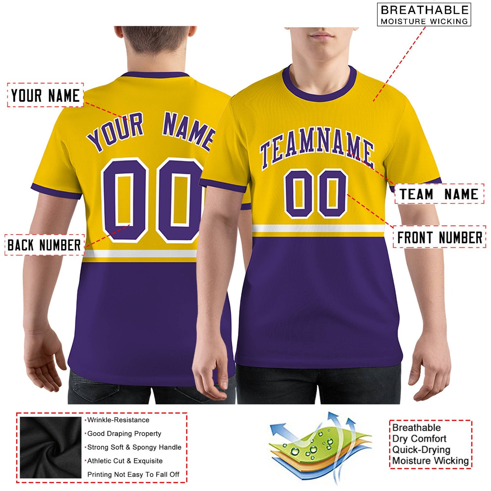 Custom Gold01 Purple-White Color Block Design Performance T-Shirt