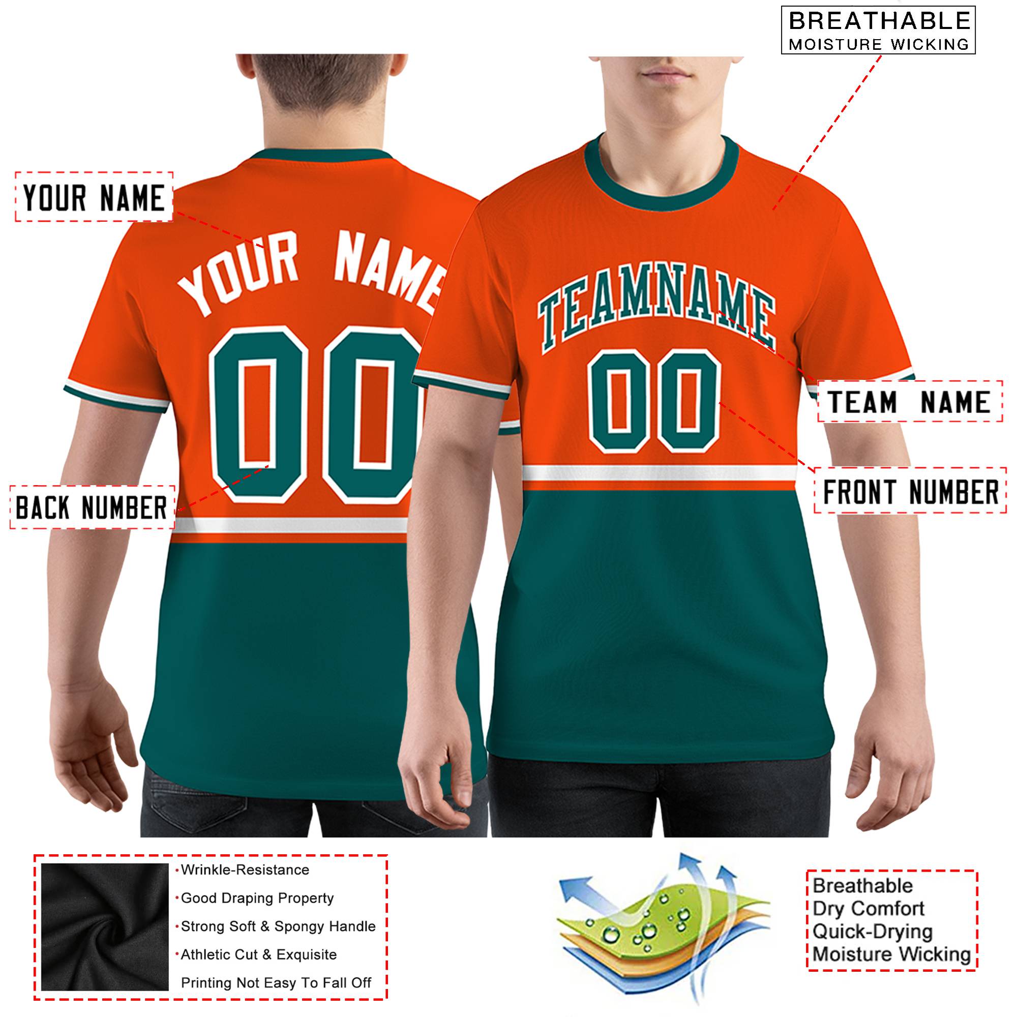 Custom Orange Green-White Color Block Design Performance T-Shirt