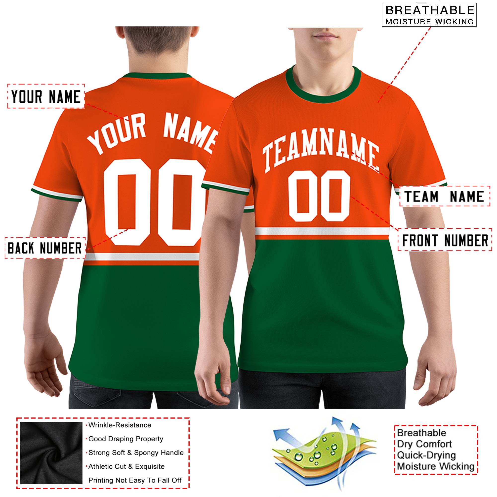 Custom Orange Kelly Green-White Color Block Design Performance T-Shirt