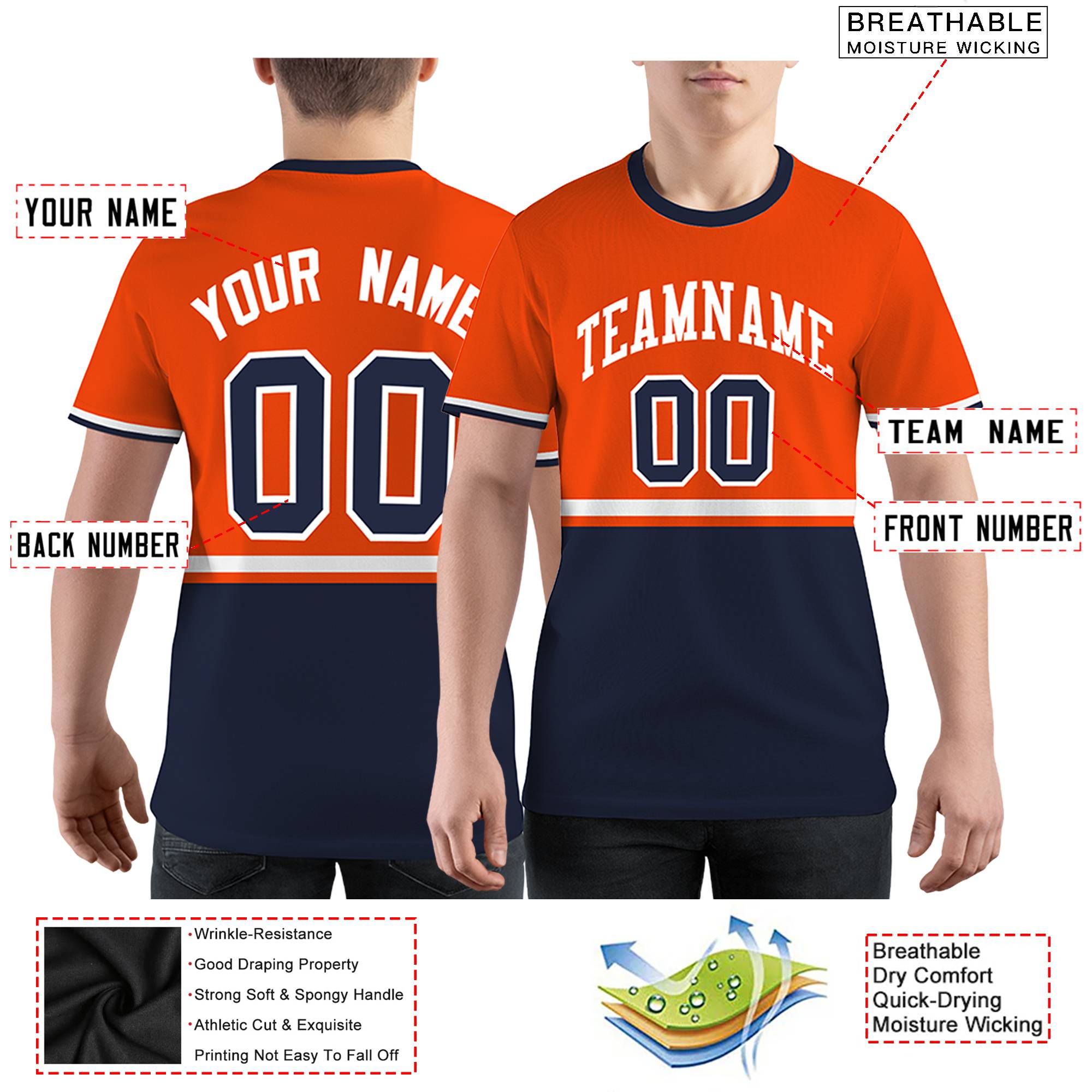 Custom Orange Navy-White Color Block Design Performance T-Shirt