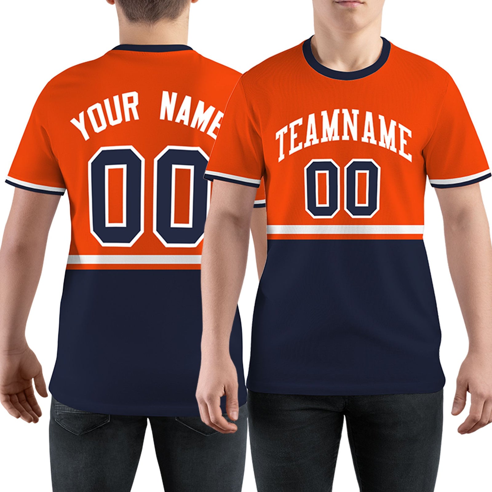 Custom Orange Navy-White Color Block Design Performance T-Shirt