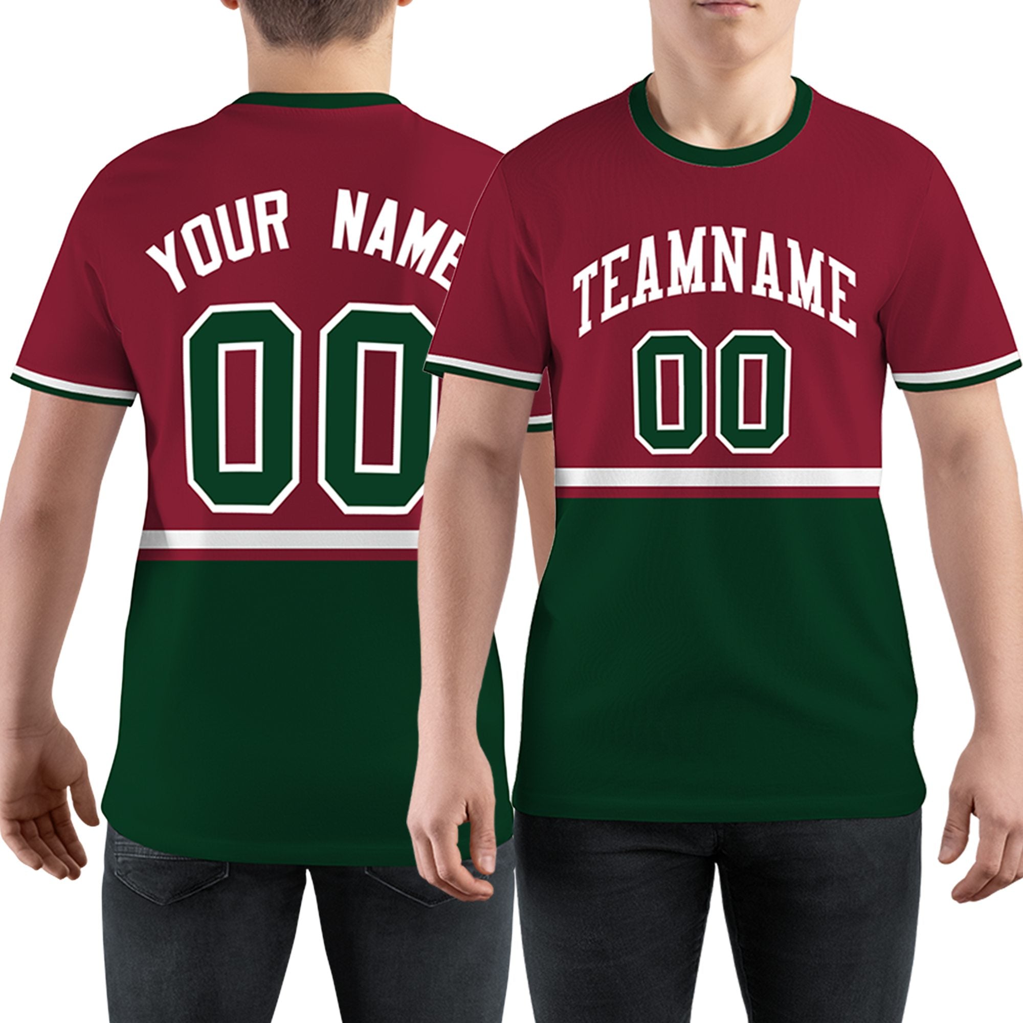 Custom Crimson Green-White Color Block Design Performance T-Shirt