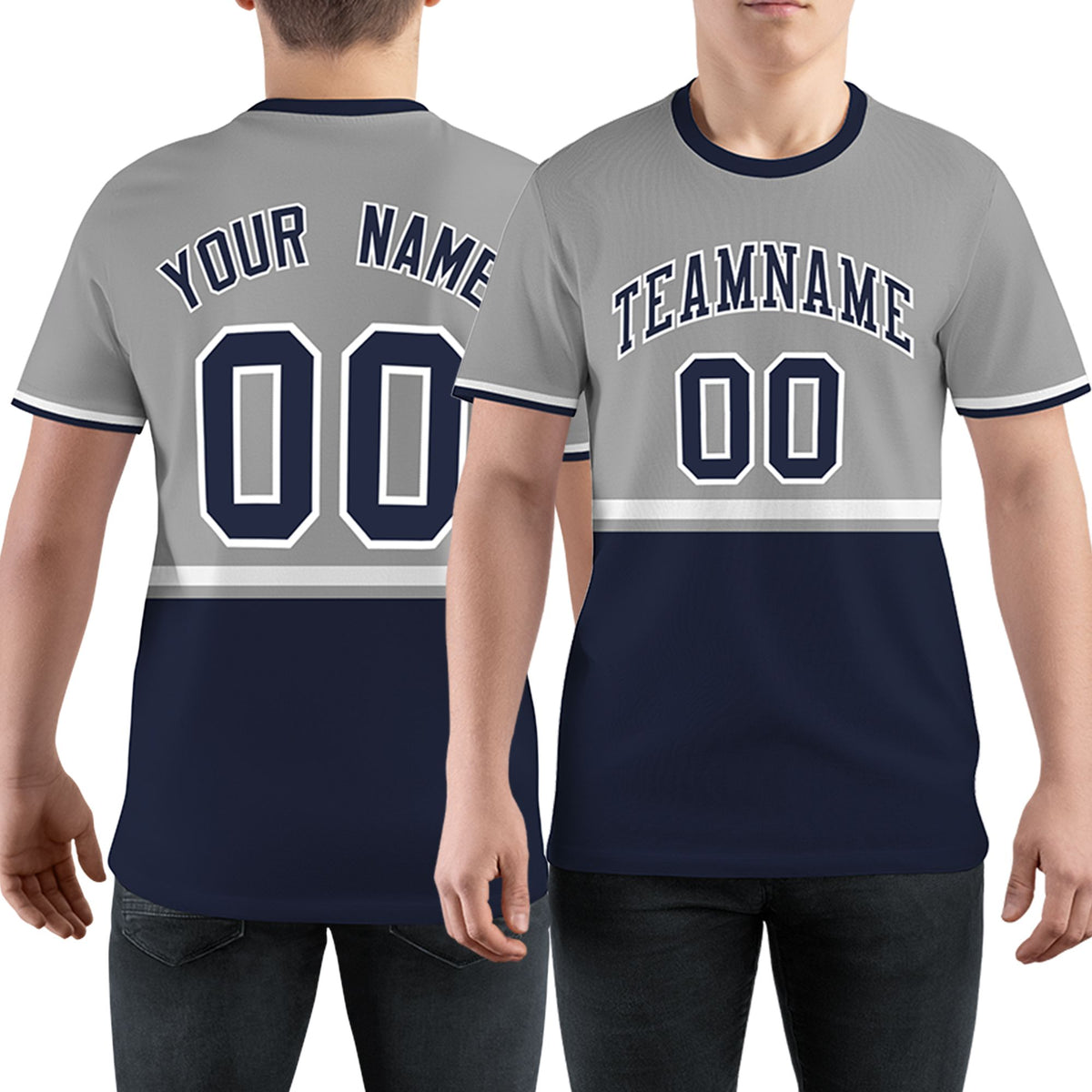 Custom Gray Navy-White Color Block Design Performance T-Shirt