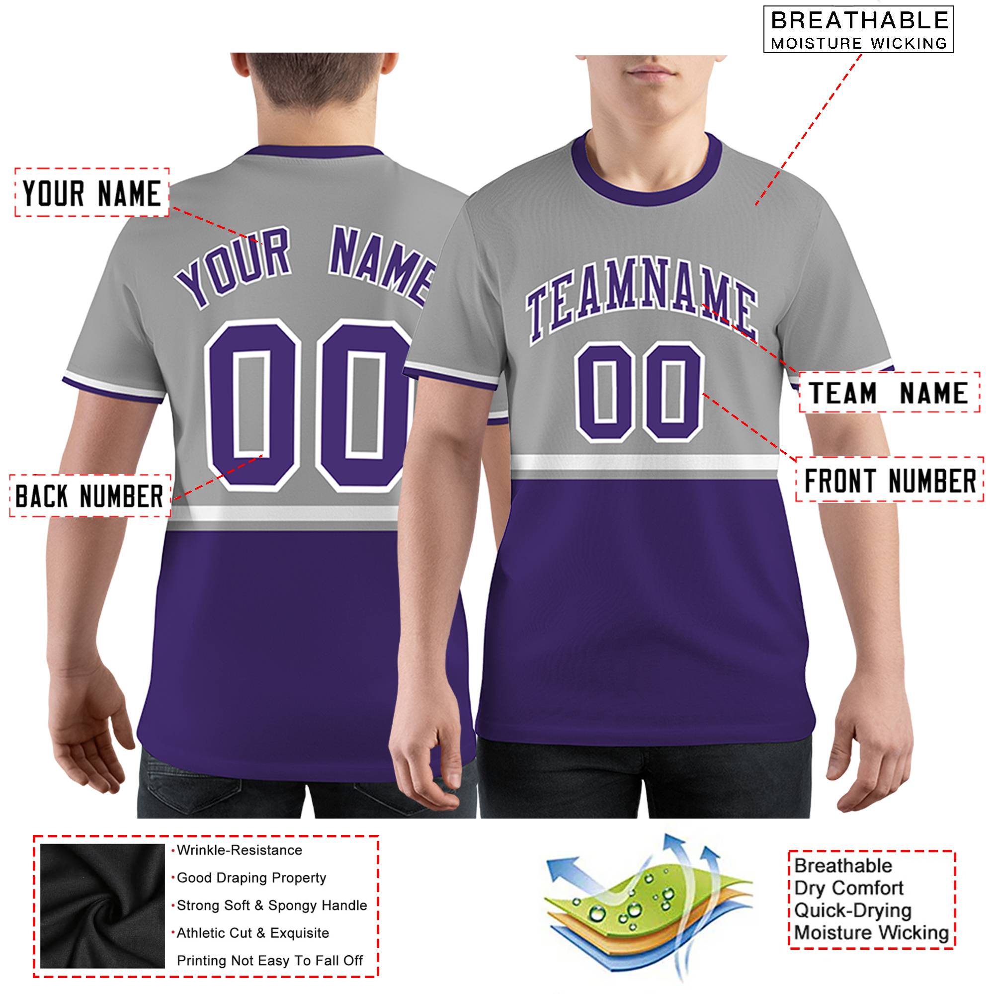 Custom Gray Purple-White Color Block Design Performance T-Shirt