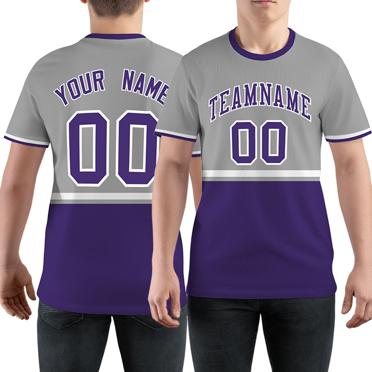 Custom Gray Purple-White Color Block Design Performance T-Shirt