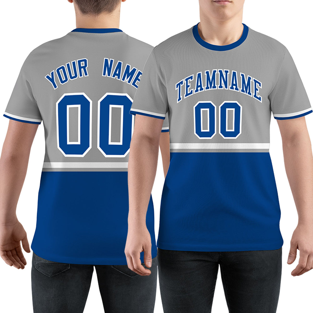 Custom Gray Royal Blue-White Color Block Design Performance T-Shirt