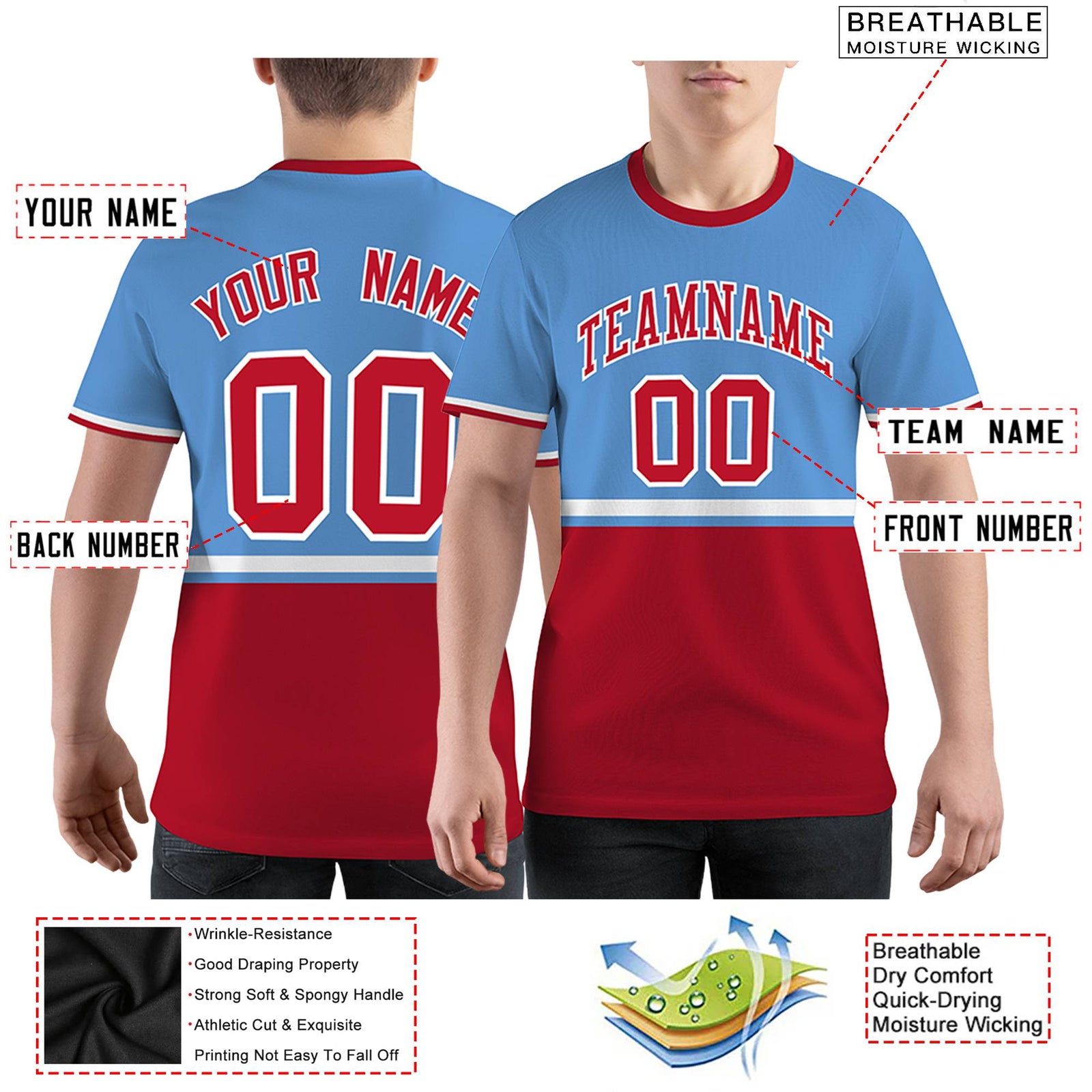 Custom Light Blue Red-White Color Block Design Performance T-Shirt