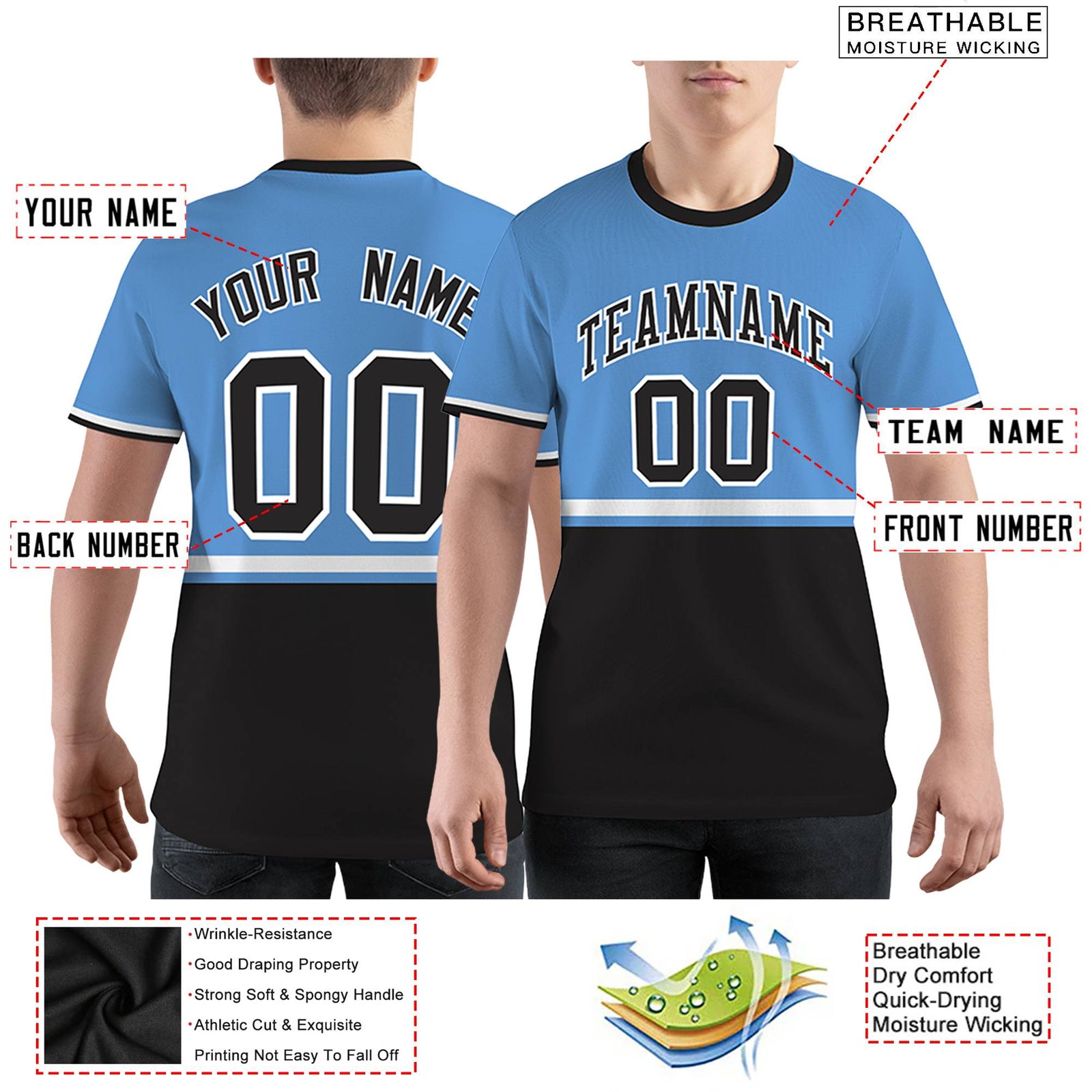 Custom Light Blue Black-White Color Block Design Performance T-Shirt