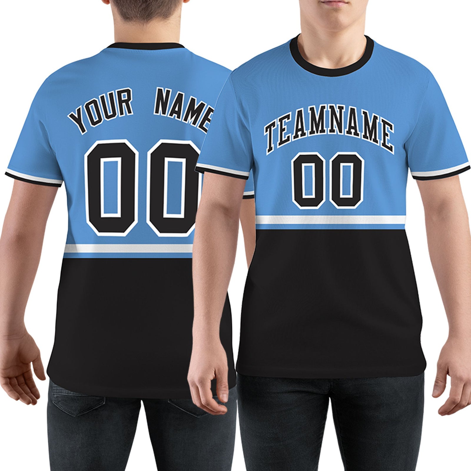 Custom Light Blue Black-White Color Block Design Performance T-Shirt