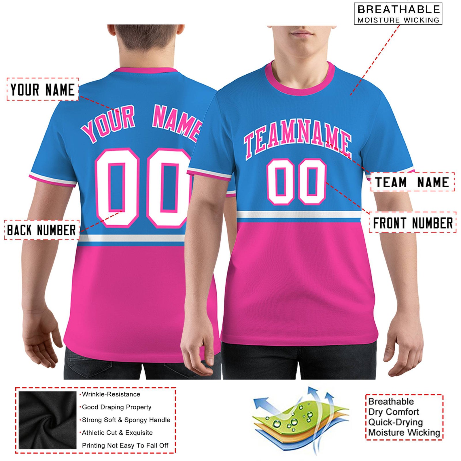 Custom Powder Blue Pink-White Color Block Design Performance T-Shirt