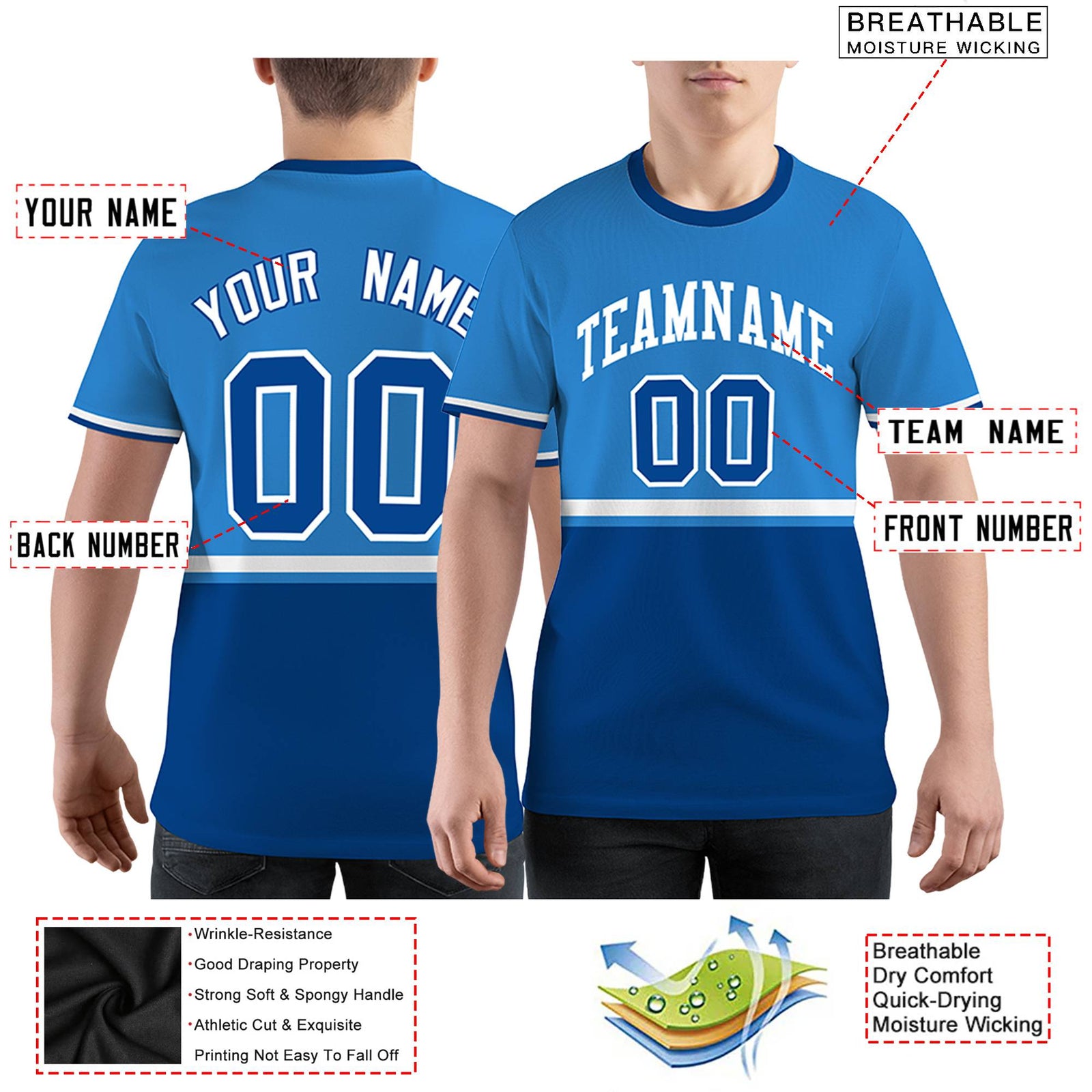 Custom Powder Blue Royal Blue-White Color Block Design Performance T-Shirt