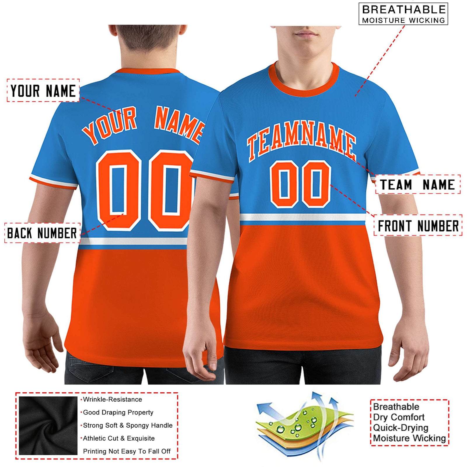 Custom Powder Blue Orange-White Color Block Design Performance T-Shirt