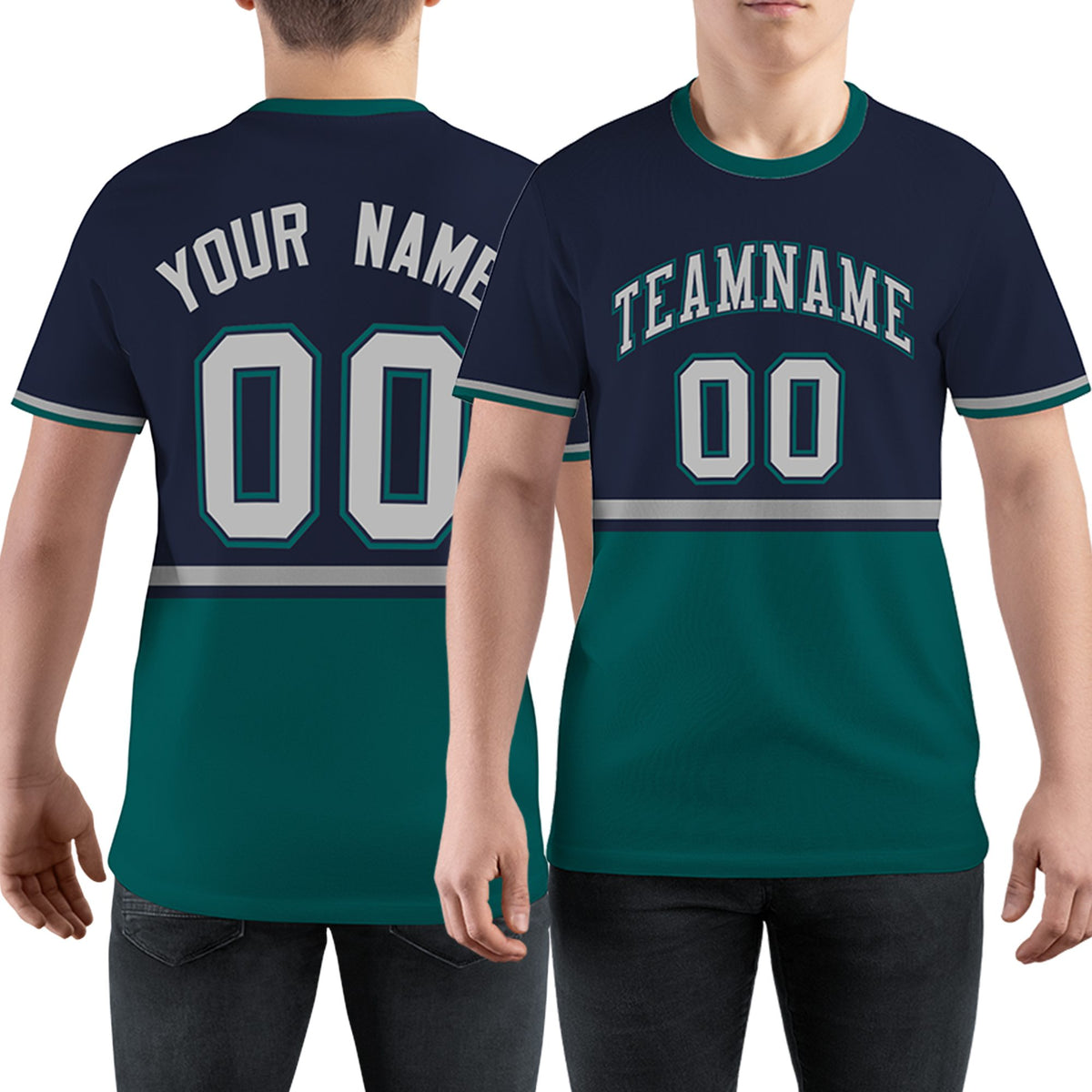 Custom Navy Midnight Green-Gray Color Block Design Performance T-Shirt