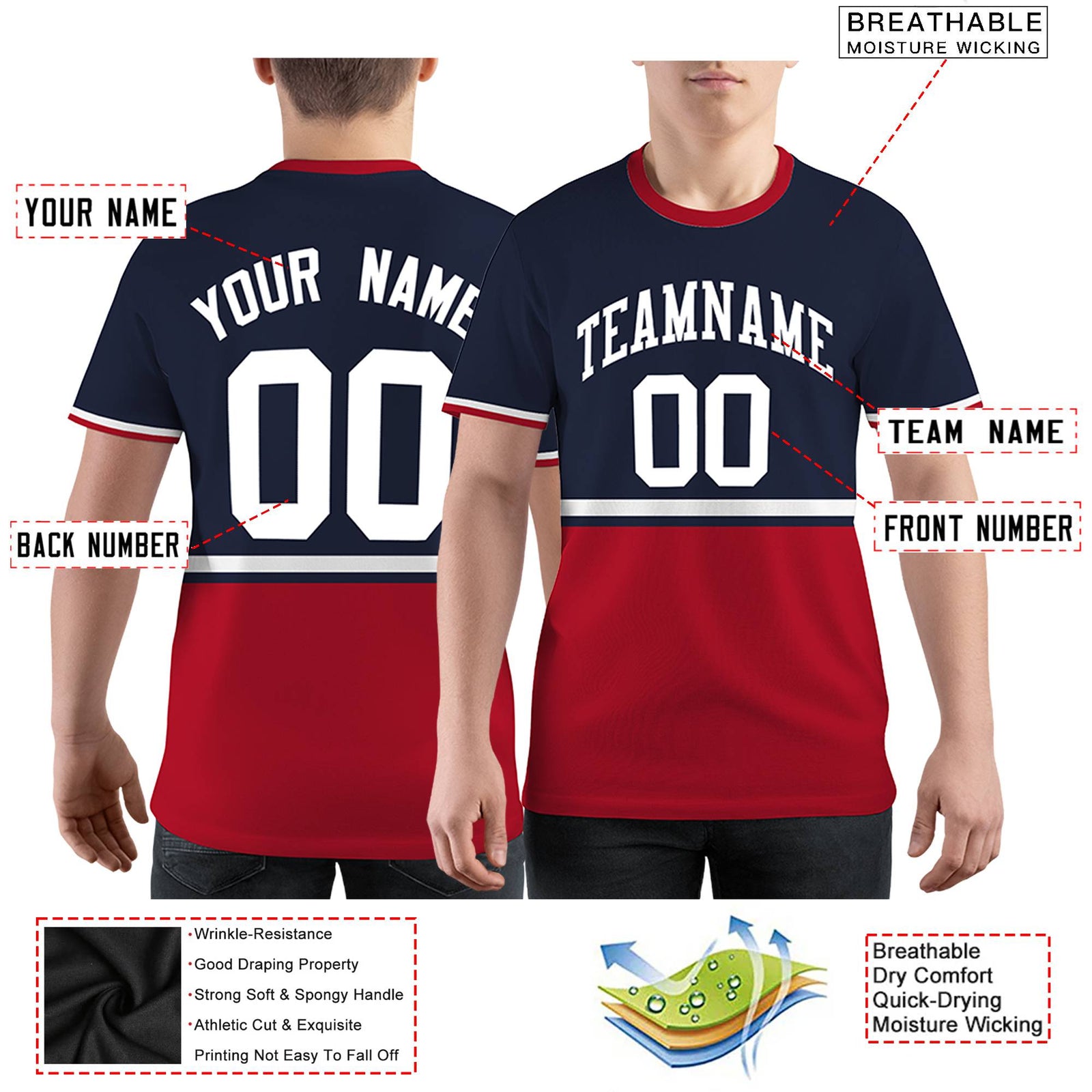 Custom Navy Red-White Color Block Design Performance T-Shirt