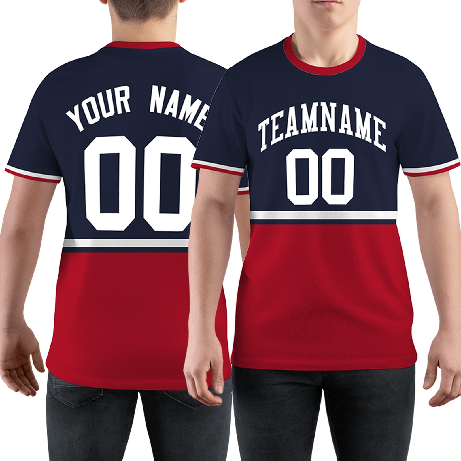 Custom Navy Red-White Color Block Design Performance T-Shirt