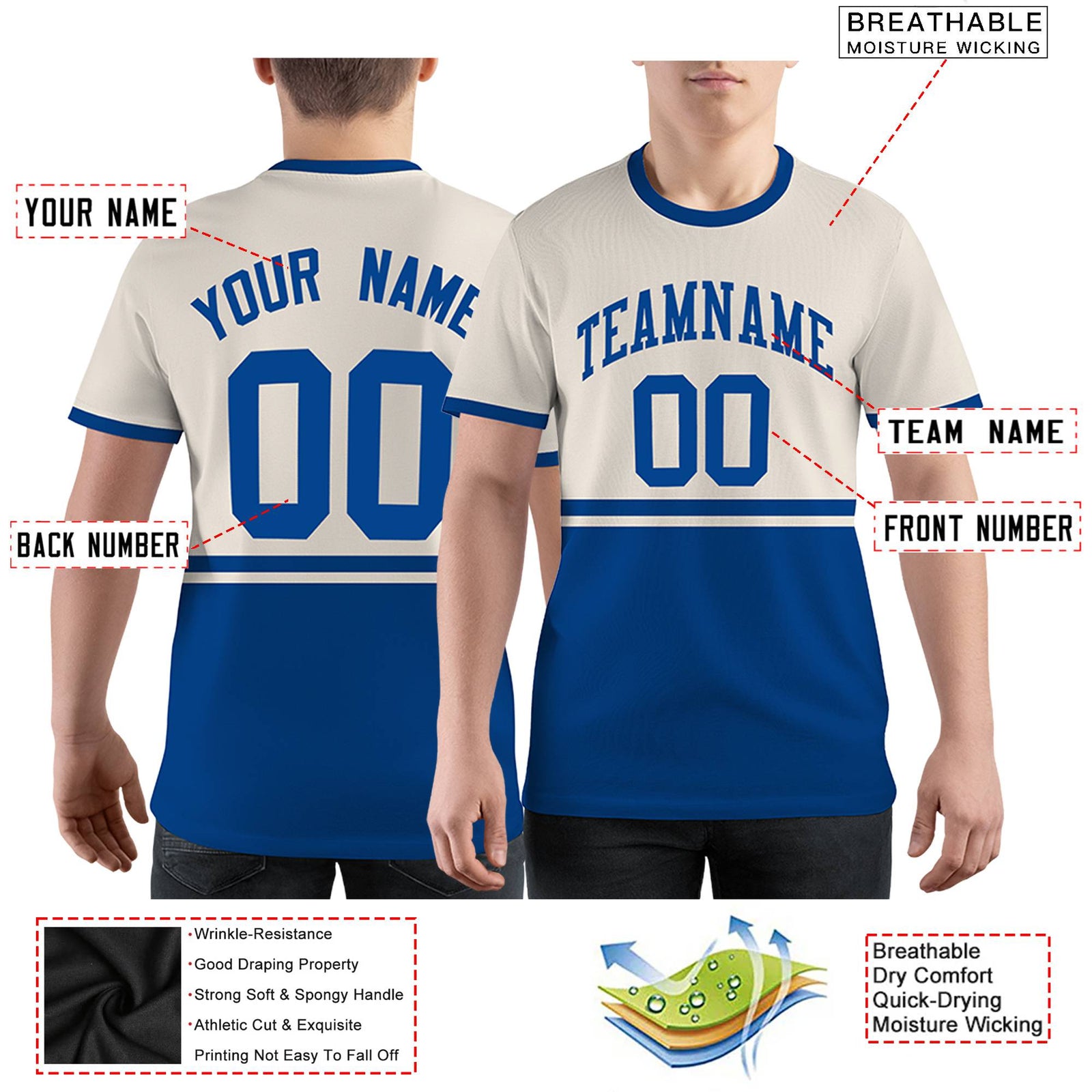 Custom Royal Blue Cream Color Block Design Performance T-Shirt