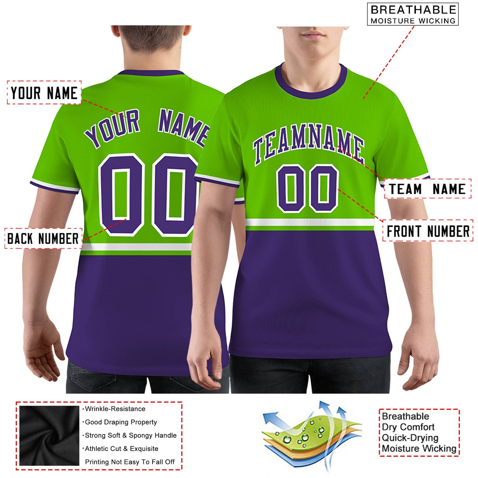 Custom Neon Green Purple-White Color Block Design Performance T-Shirt