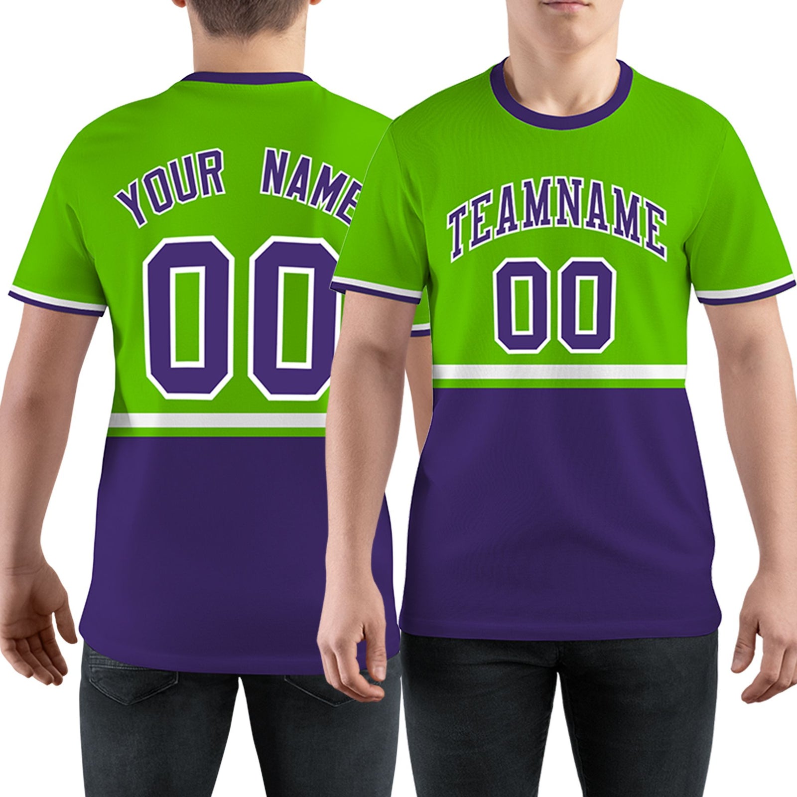 Custom Neon Green Purple-White Color Block Design Performance T-Shirt