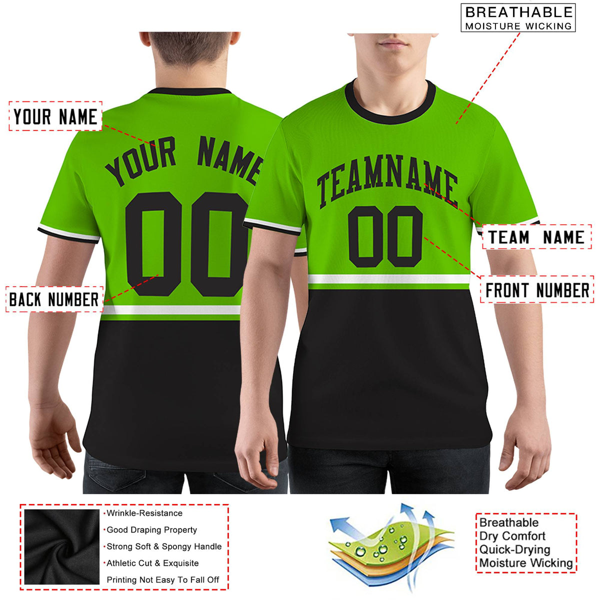 Custom Neon Green Black-White Color Block Design Performance T-Shirt
