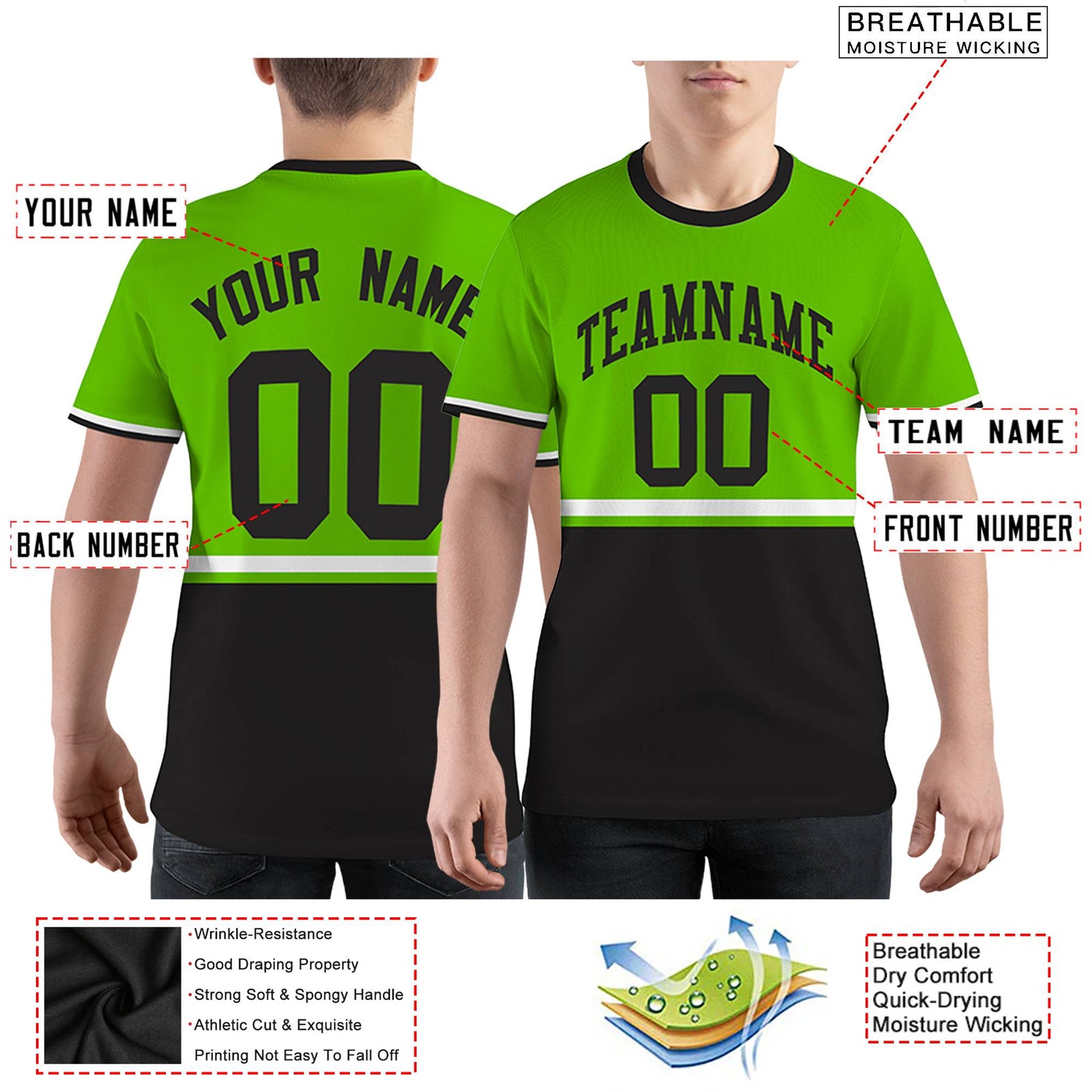 Custom Neon Green Black-White Color Block Design Performance T-Shirt