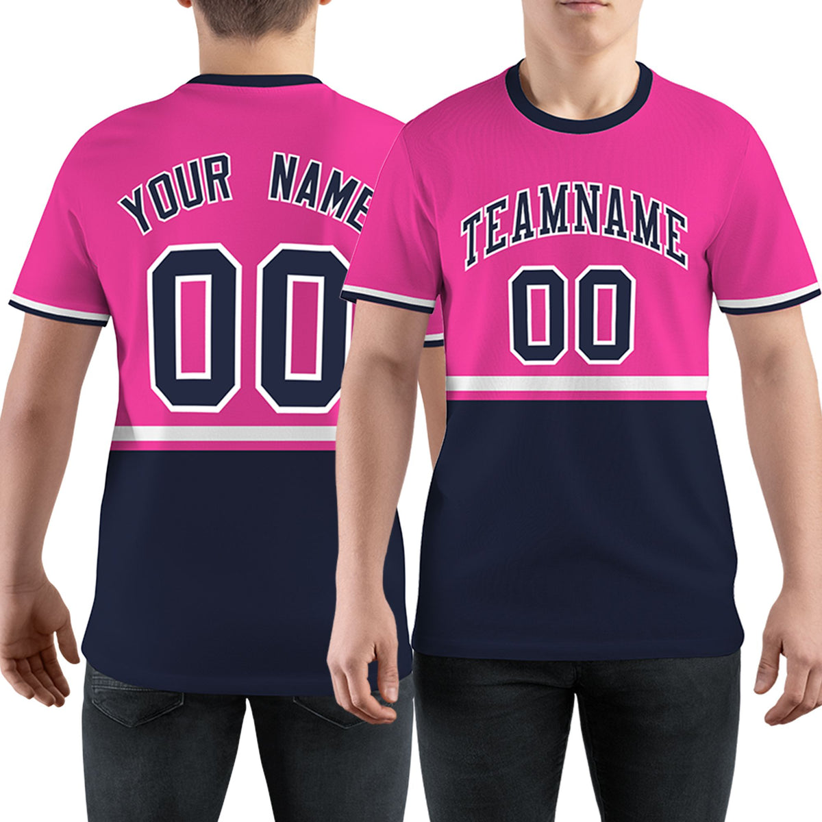 Custom Pink Navy-White Color Block Design Performance T-Shirt