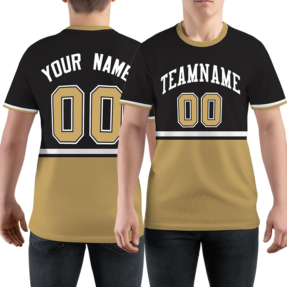 Custom Black Old Gold-White Color Block Design Performance T-Shirt