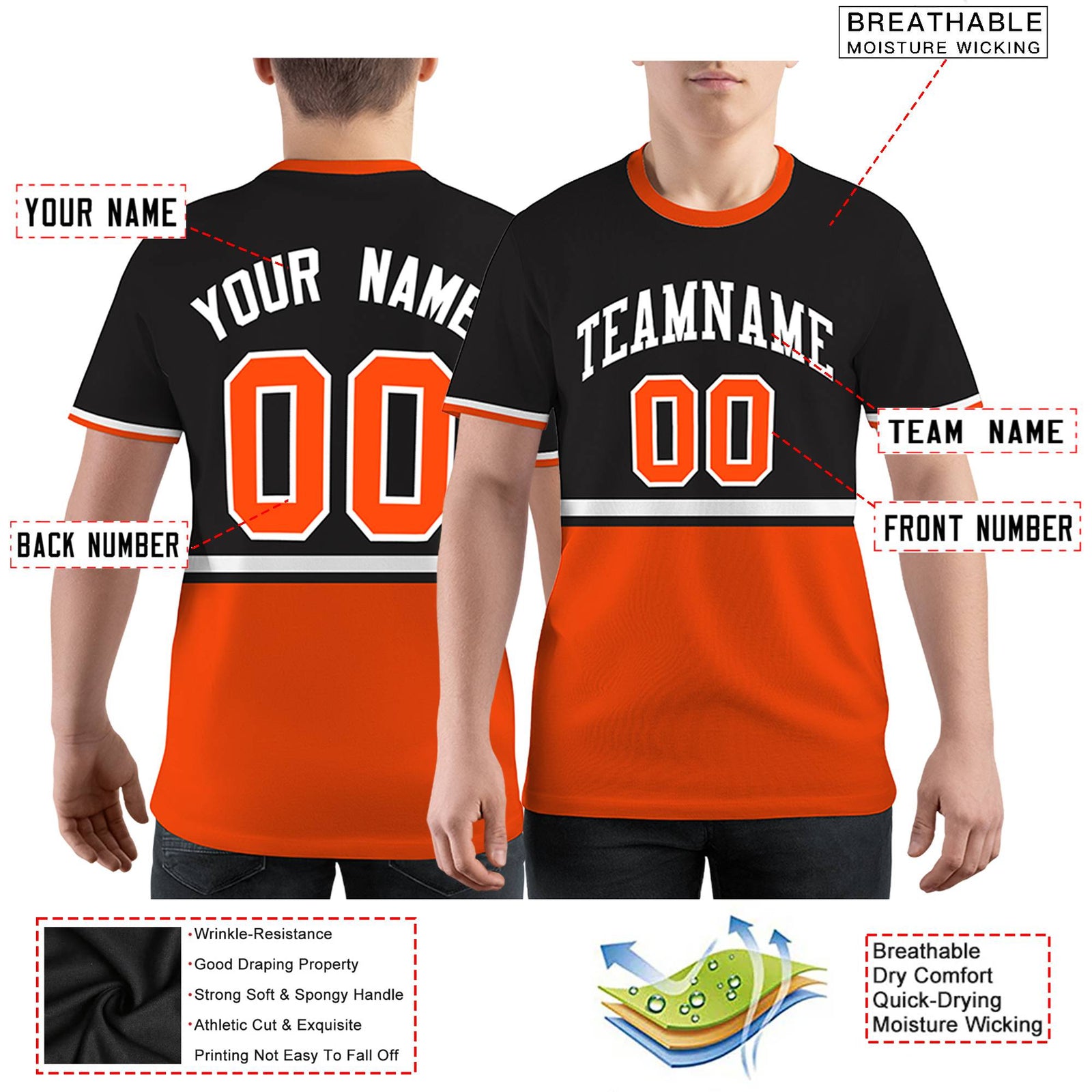 Custom Black Orange-White Color Block Design Performance T-Shirt