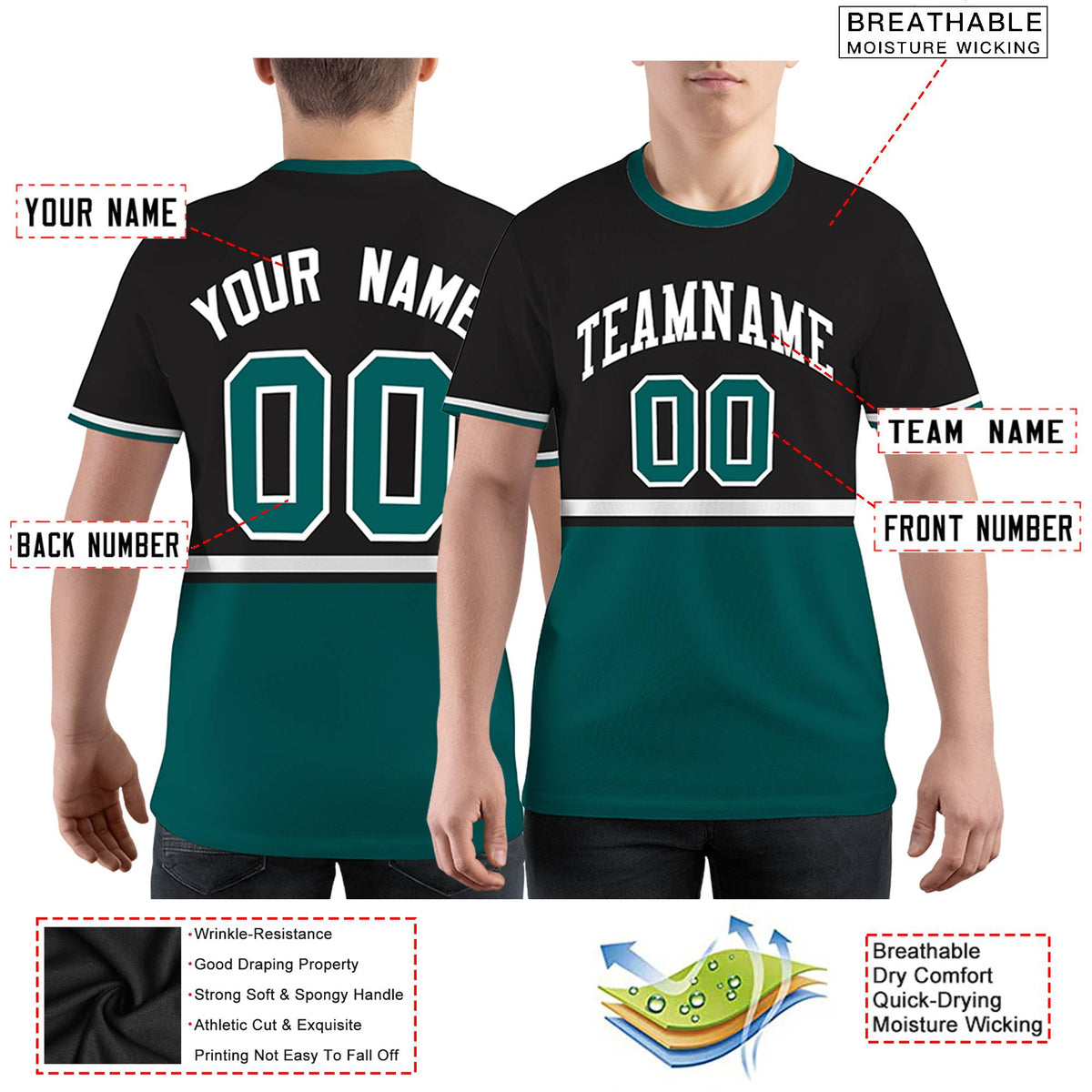 Custom Black Midnight Green-White Color Block Design Performance T-Shirt