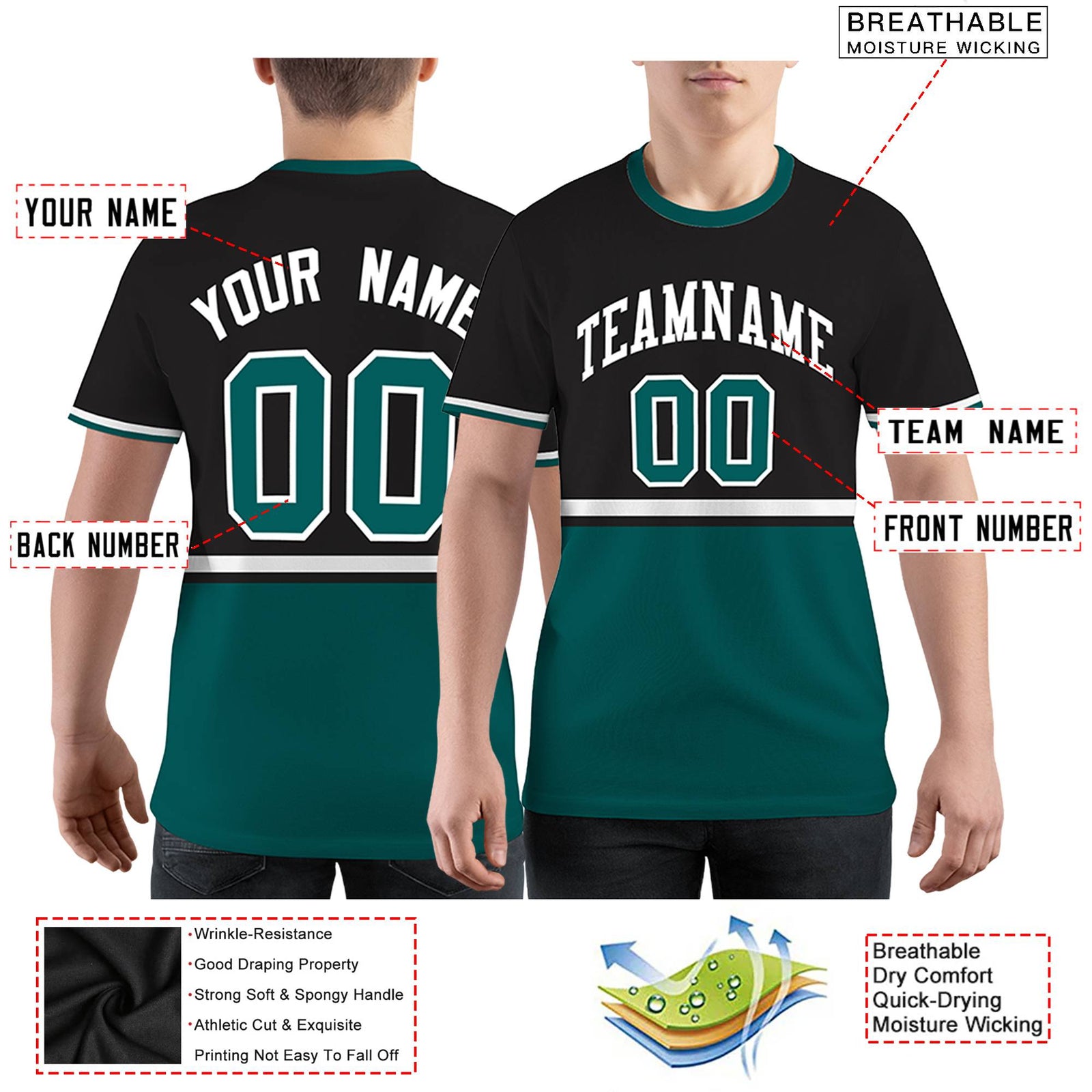 Custom Black Midnight Green-White Color Block Design Performance T-Shirt