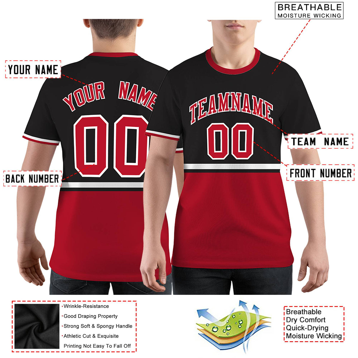 Custom Black Red-White Color Block Design Performance T-Shirt