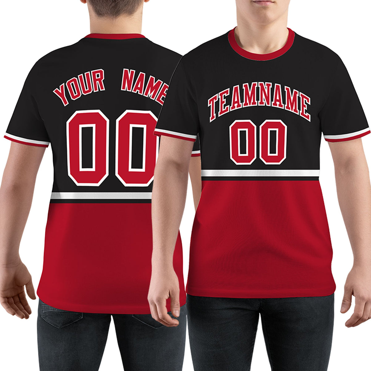 Custom Black Red-White Color Block Design Performance T-Shirt