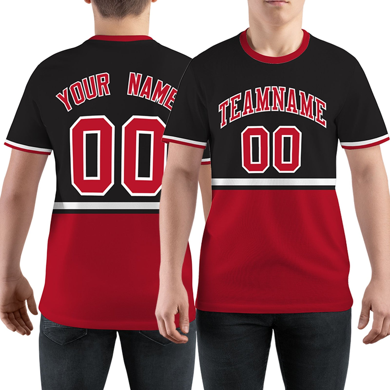 Custom Black Red-White Color Block Design Performance T-Shirt