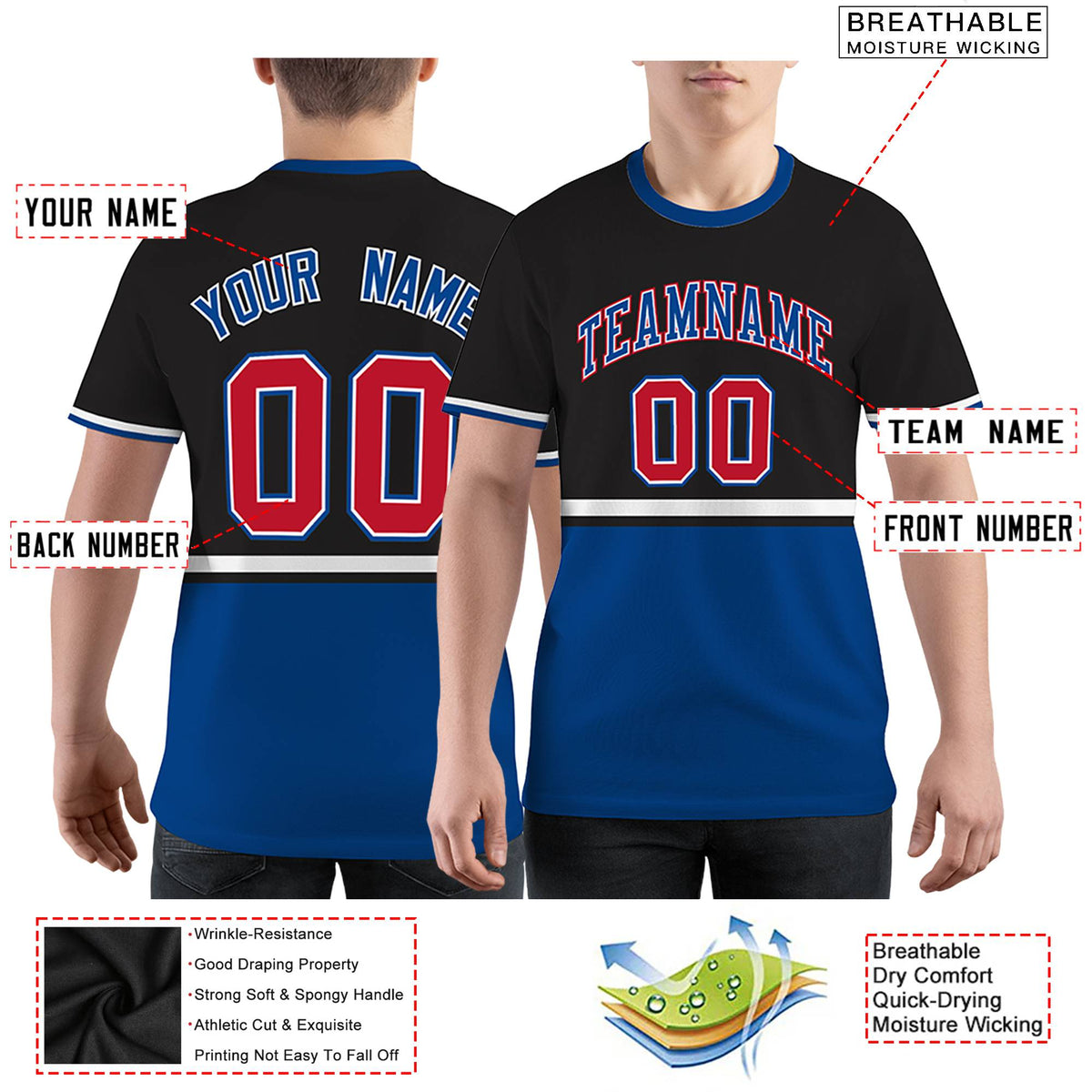 Custom Black Royal Blue-White Color Block Design Performance T-Shirt