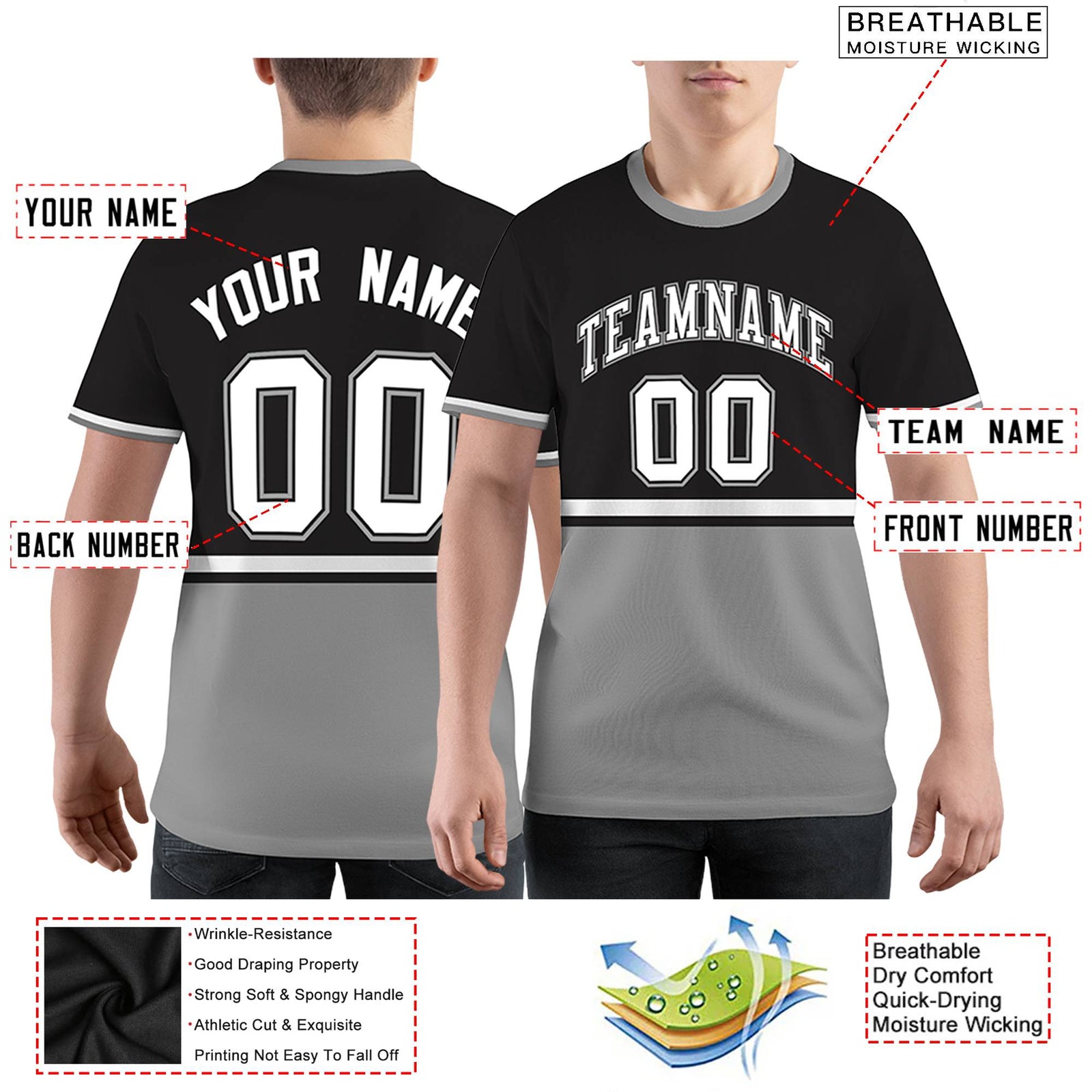 Custom Black Gray-White Color Block Design Performance T-Shirt