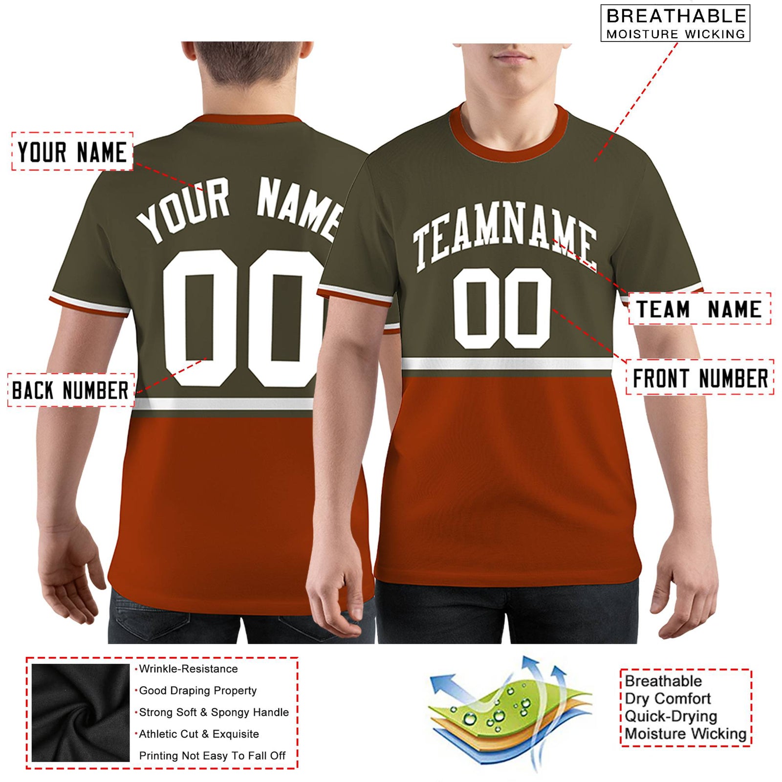 Custom Olive Texas Orange-White Color Block Design Performance T-Shirt