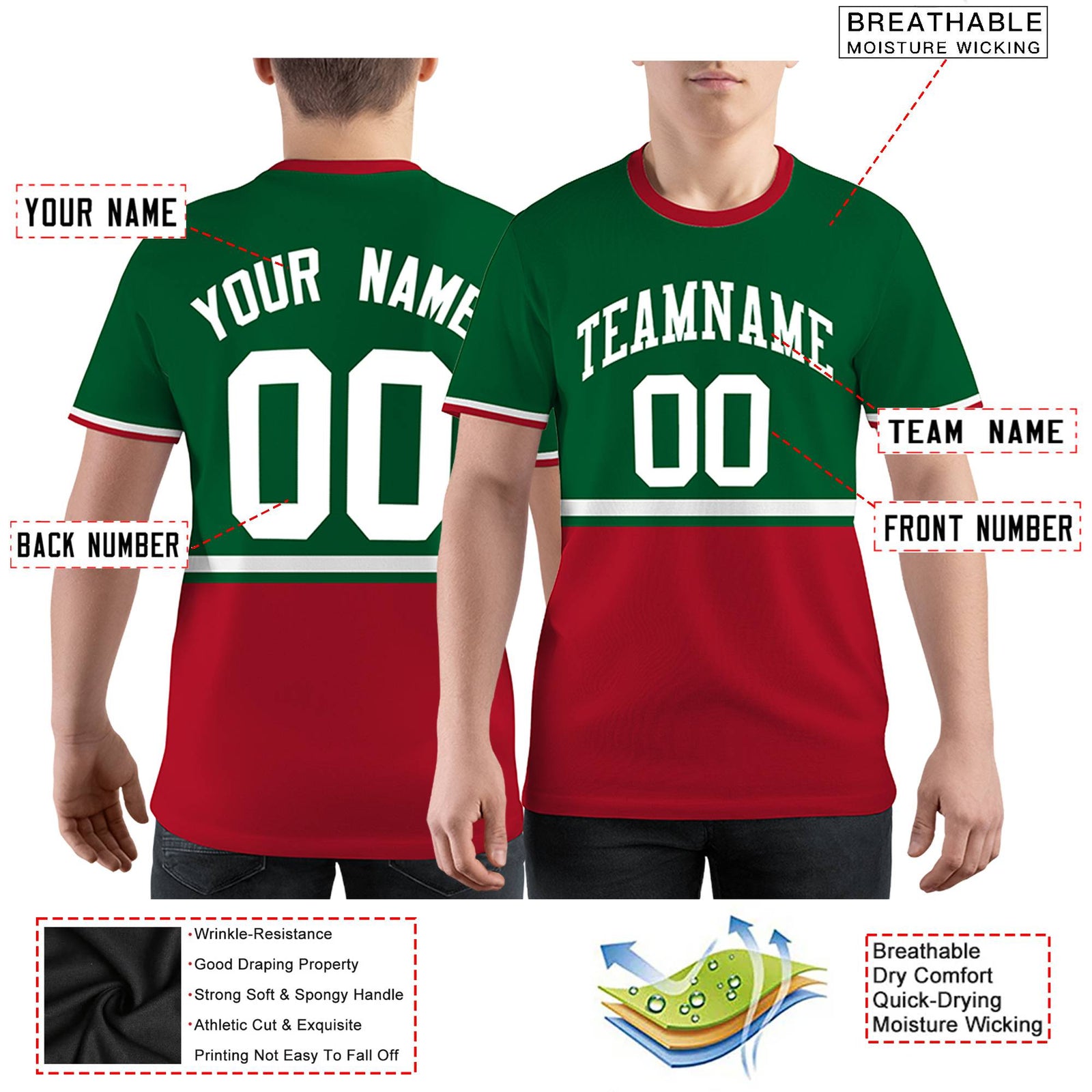 Custom Kelly Green Red-White Color Block Design Performance T-Shirt