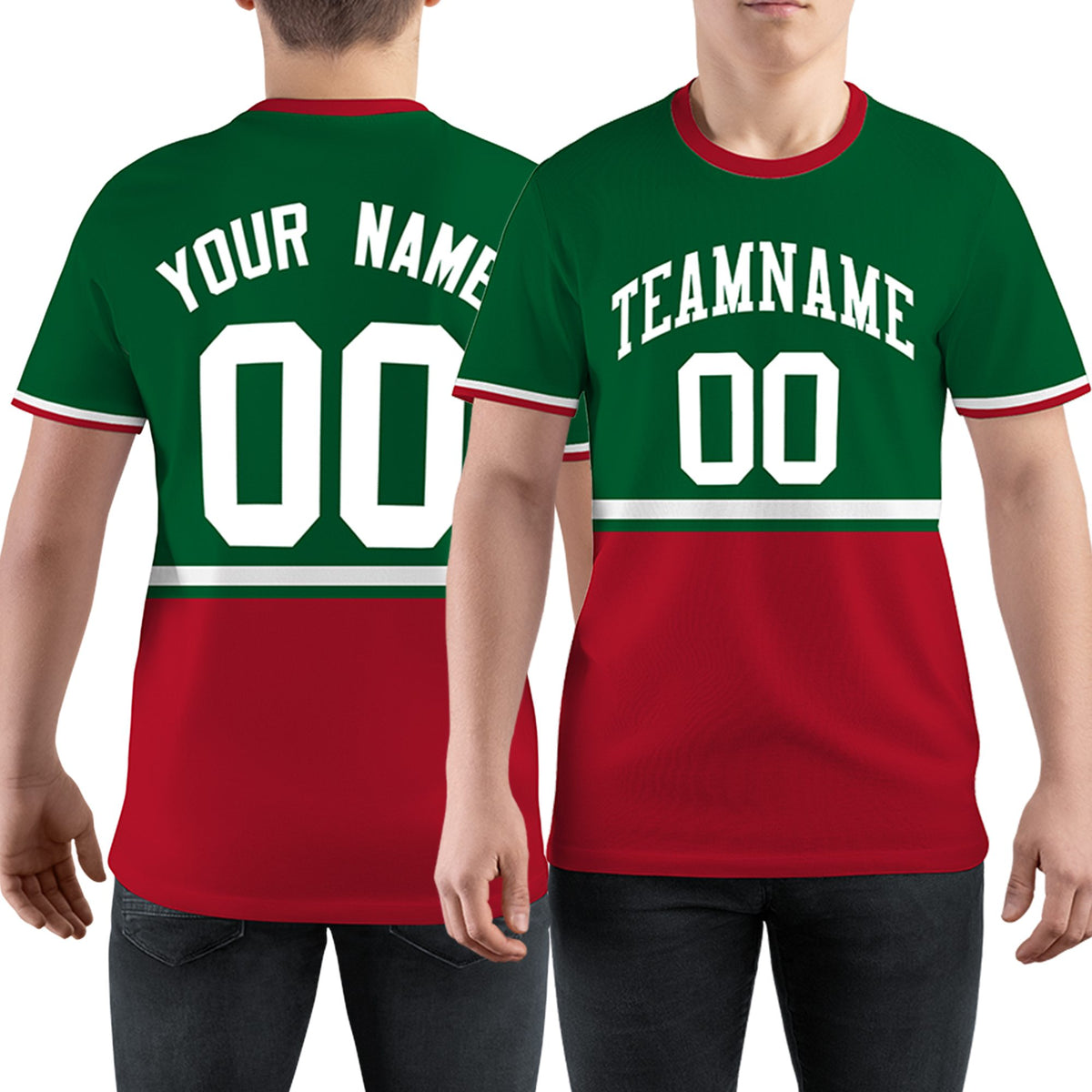 Custom Kelly Green Red-White Color Block Design Performance T-Shirt
