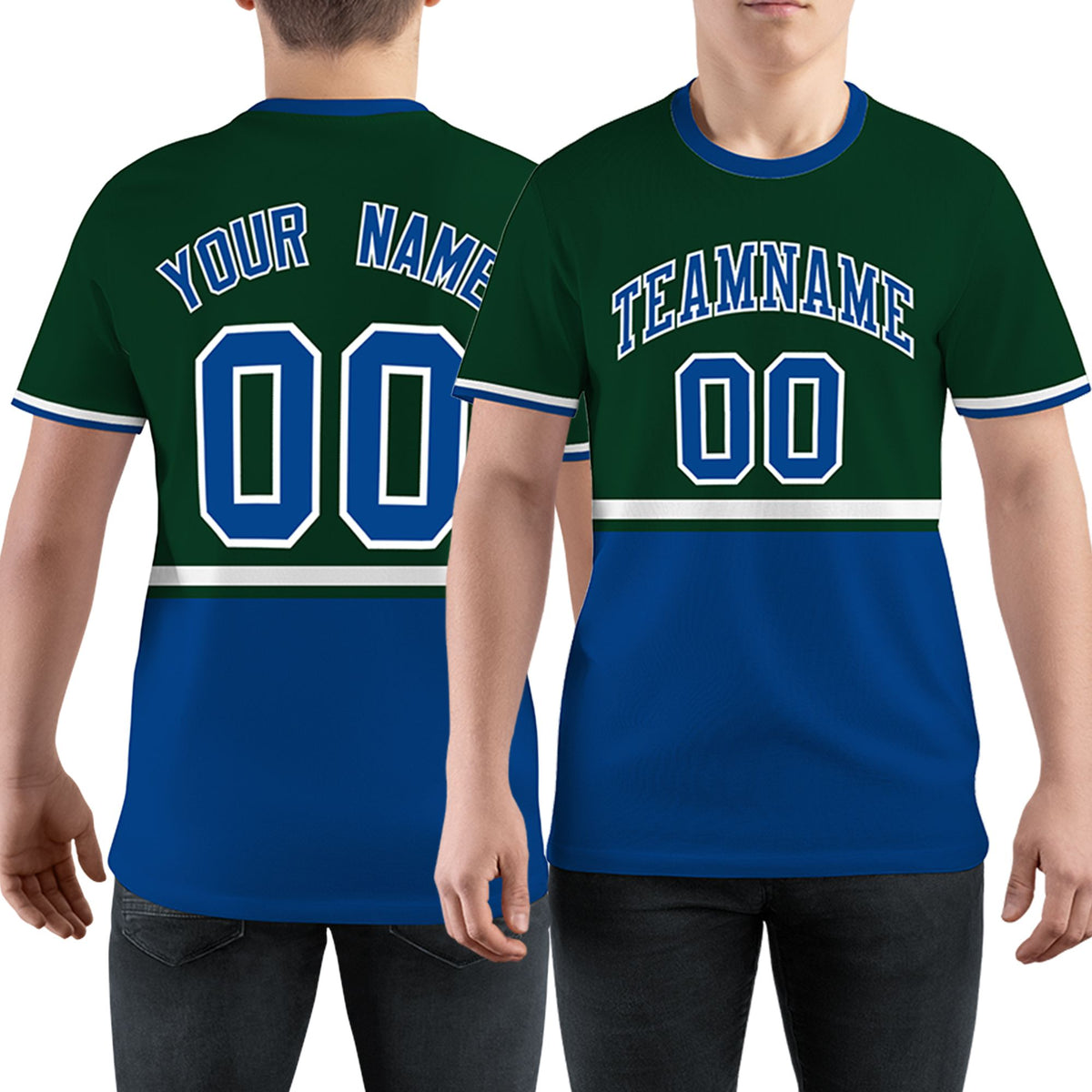 Custom Green Royal Blue-White Color Block Design Performance T-Shirt