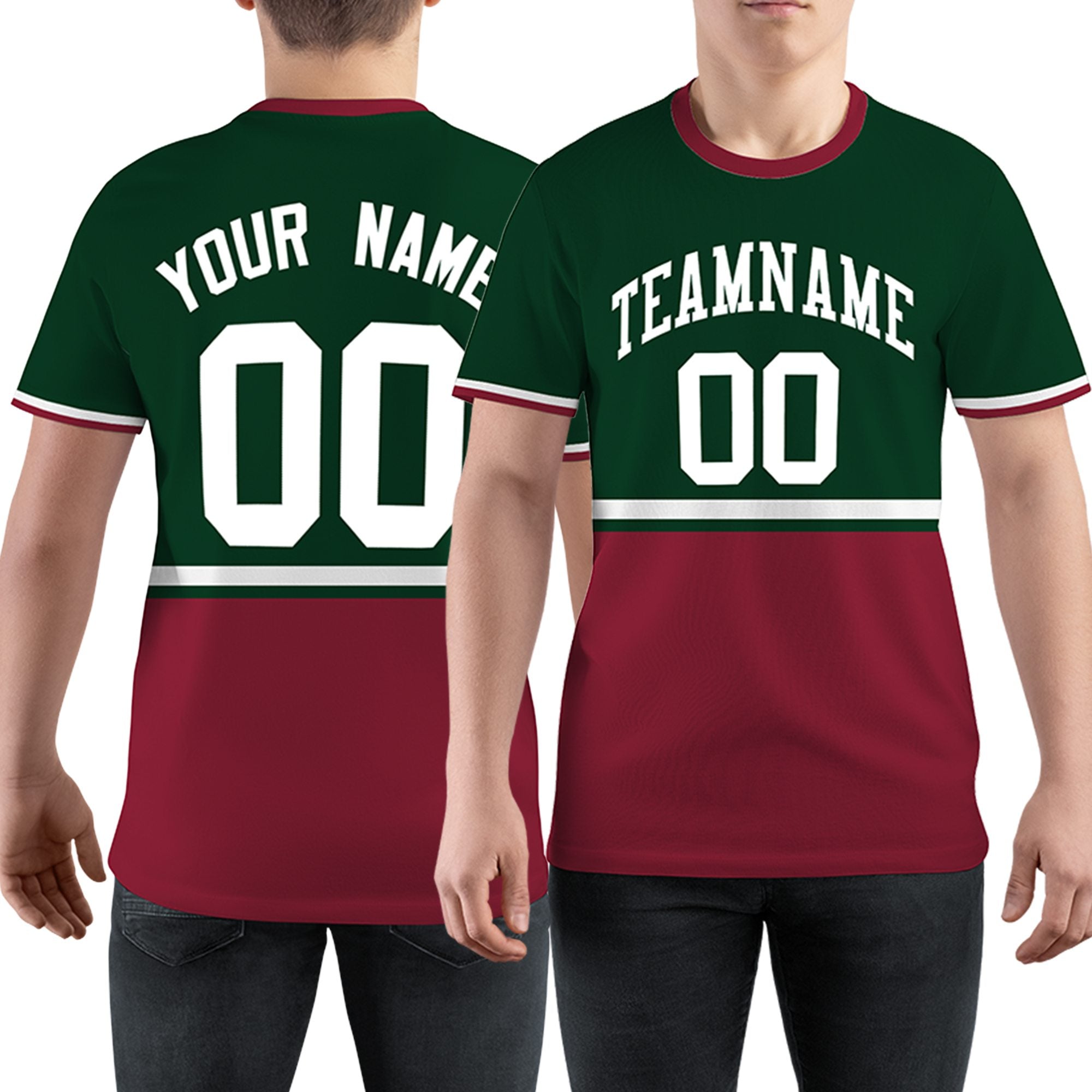 Custom Green Crimson-White Color Block Design Performance T-Shirt