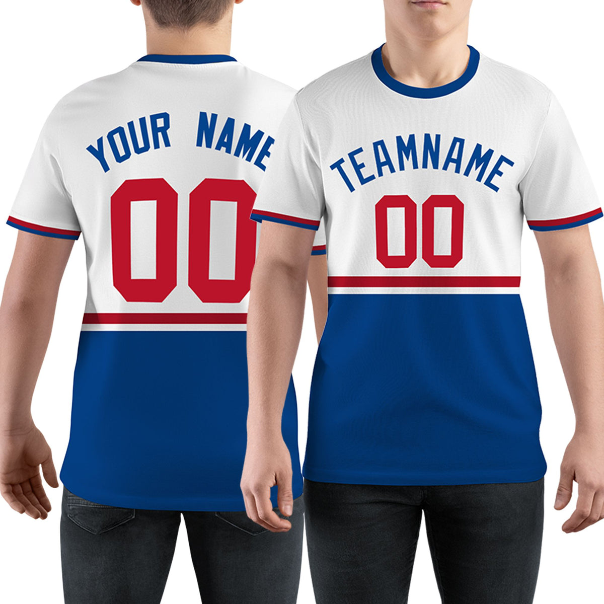 Custom White Royal Blue-Red Color Block Design Performance T-Shirt