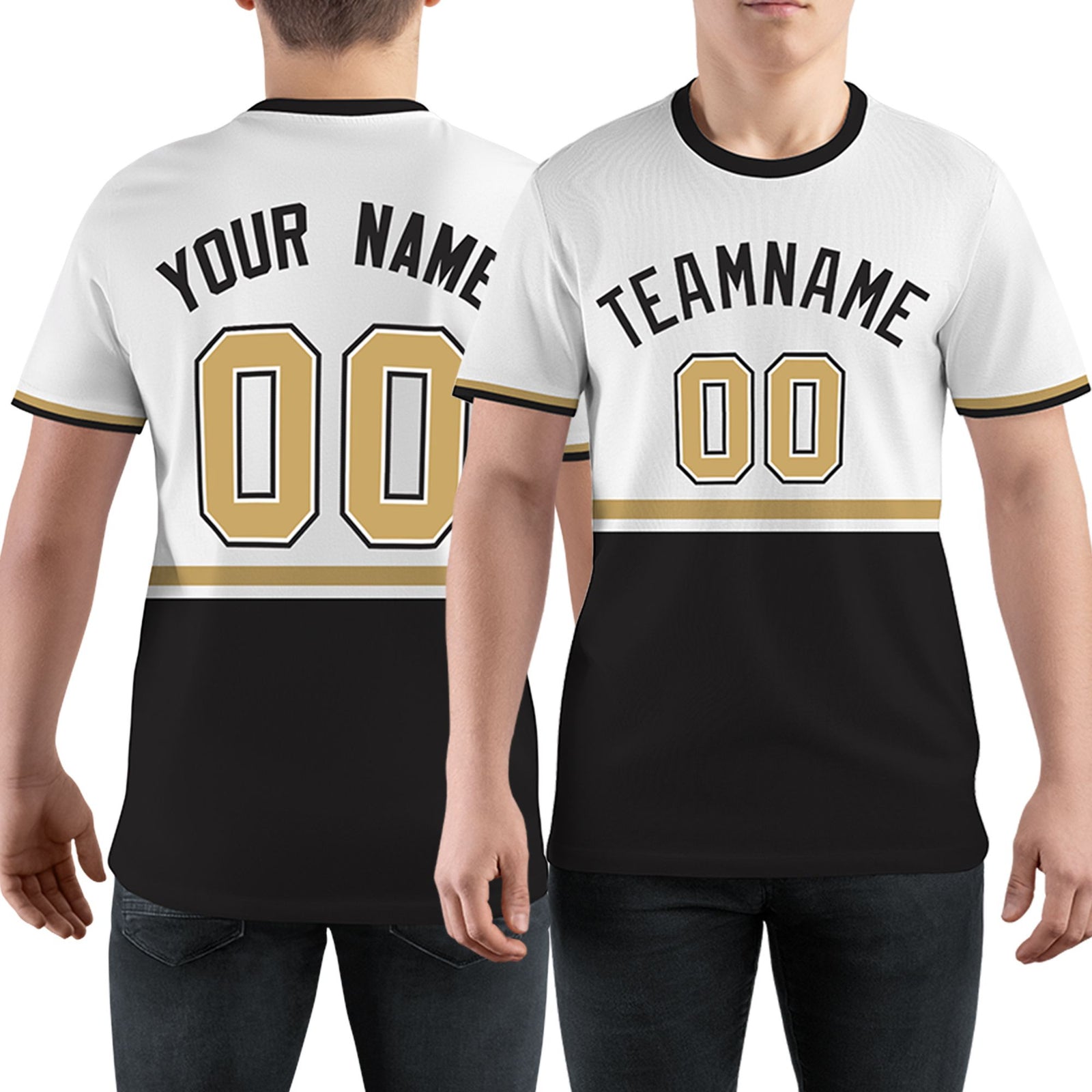 Custom White Black-Old Gold Color Block Design Performance T-Shirt
