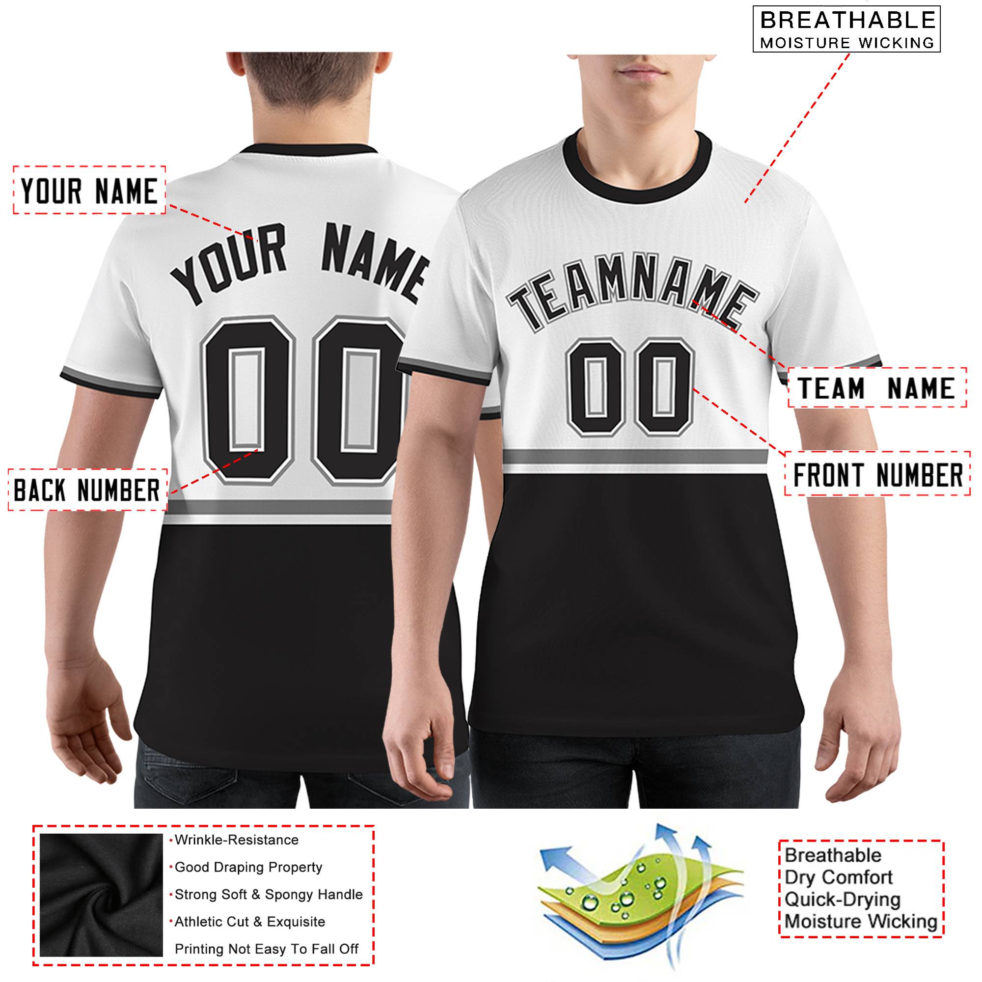 Custom White Black-Gray Color Block Design Performance T-Shirt