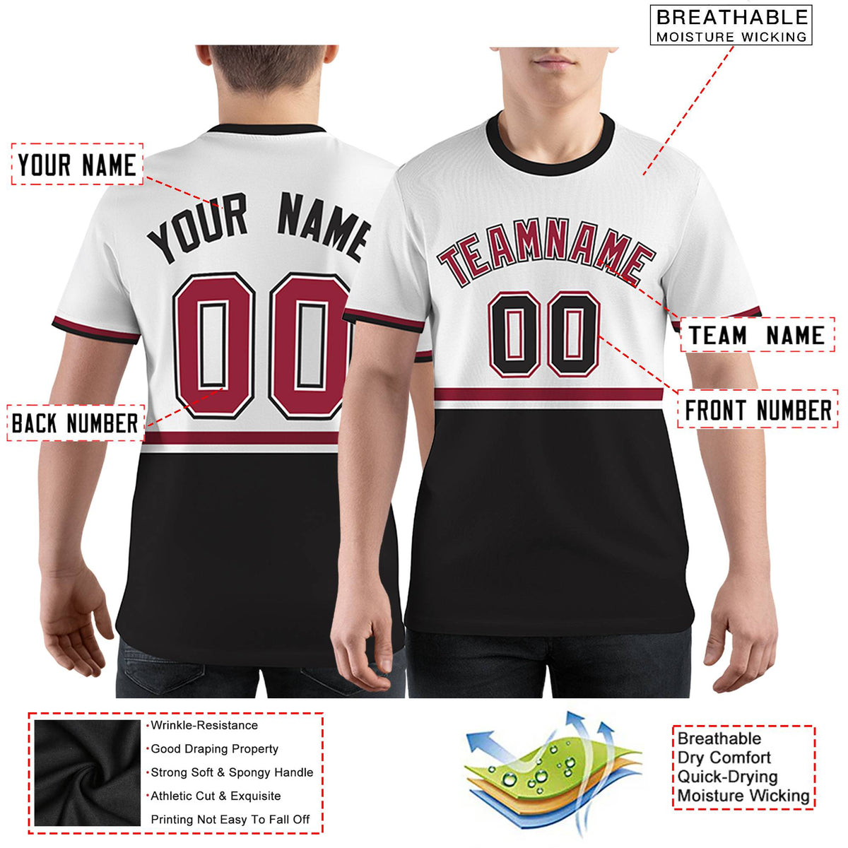 Custom White Black-Crimson Color Block Design Performance T-Shirt