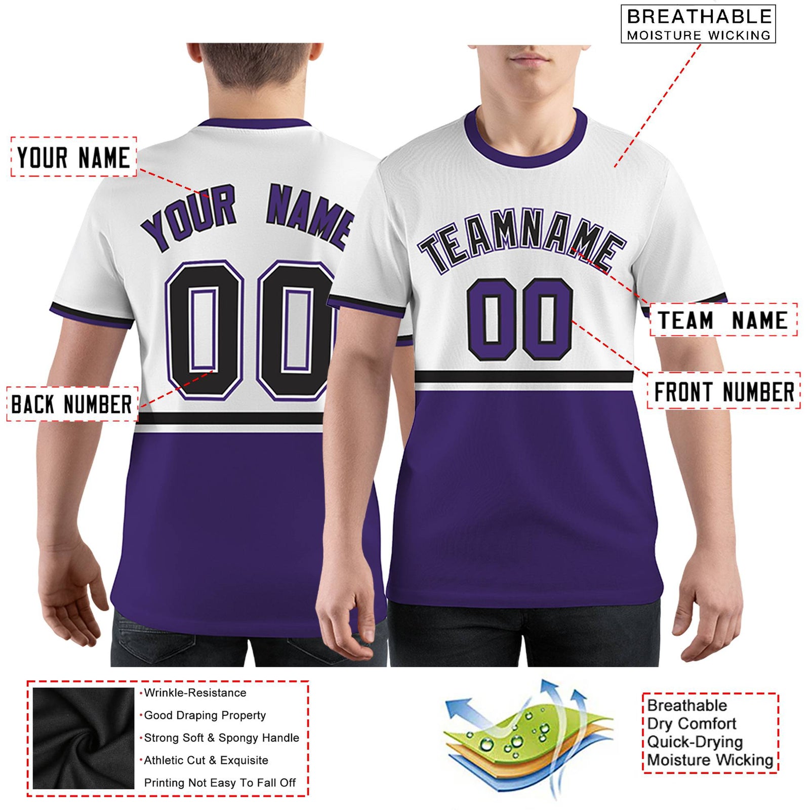 Custom White Purple-Black Color Block Design Performance T-Shirt