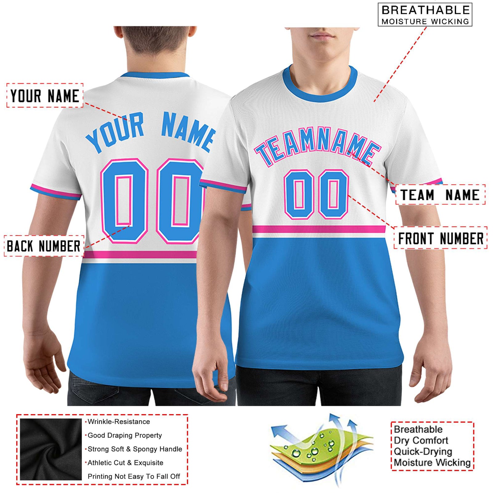 Custom White Powder Blue-Pink Color Block Design Performance T-Shirt