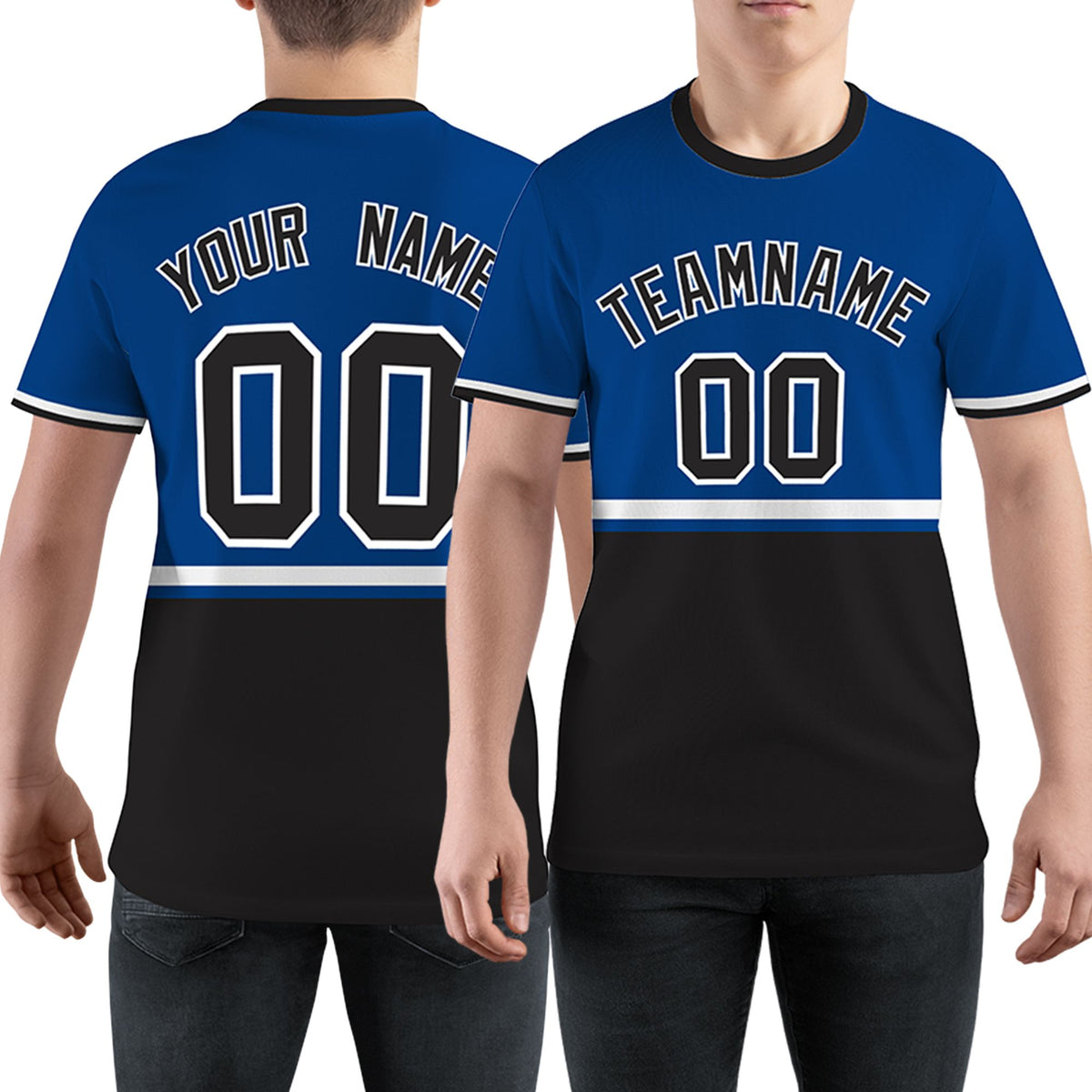 Custom Royal Blue Black-White Color Block Design Performance T-Shirt