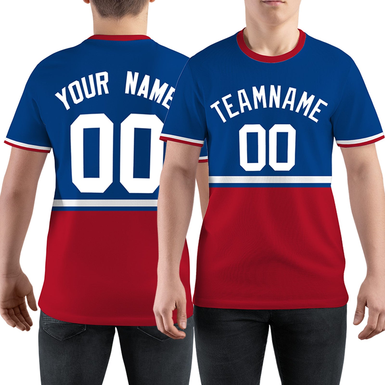 Custom Royal Blue Red-White Color Block Design Performance T-Shirt