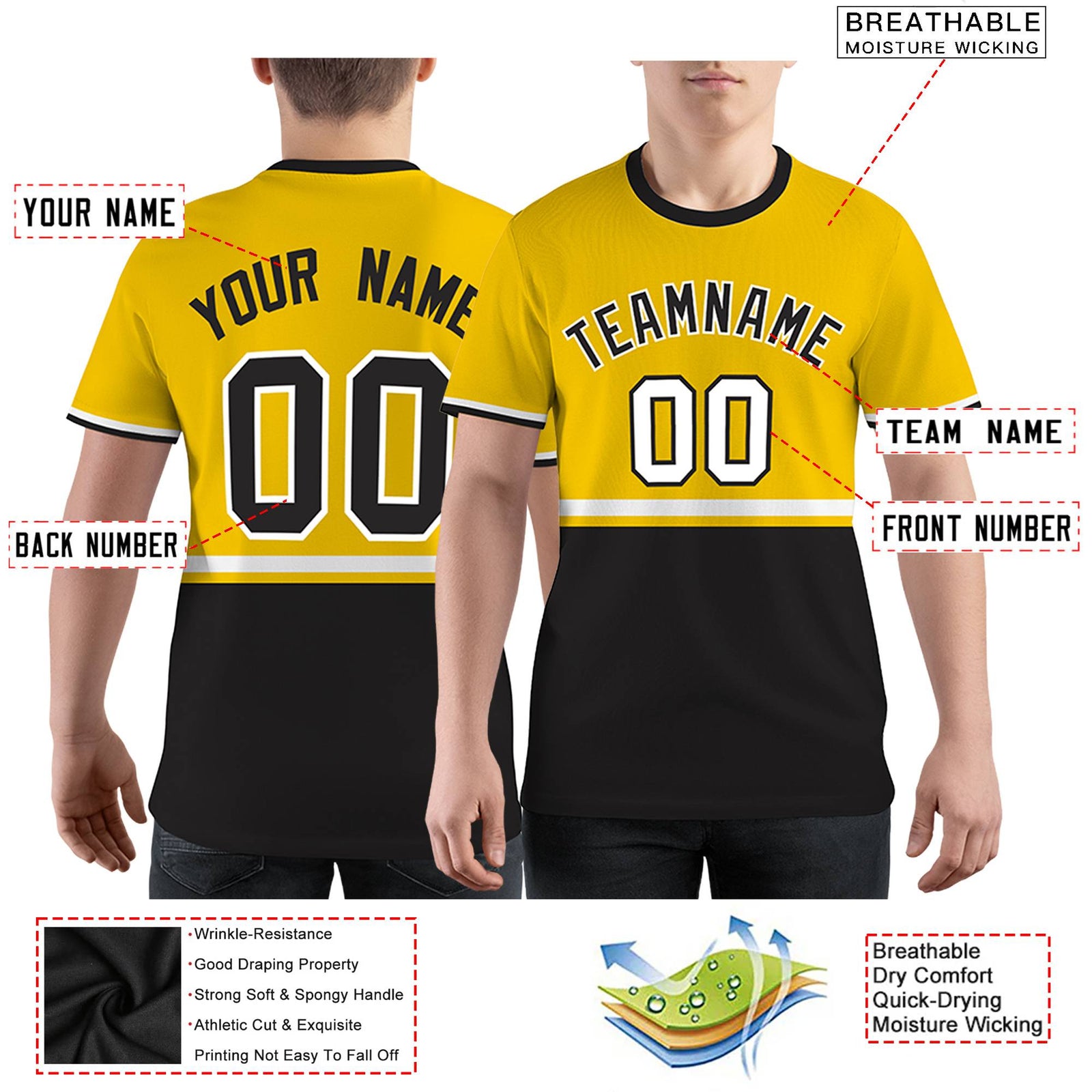 Custom Gold01 Black-White Color Block Design Performance T-Shirt