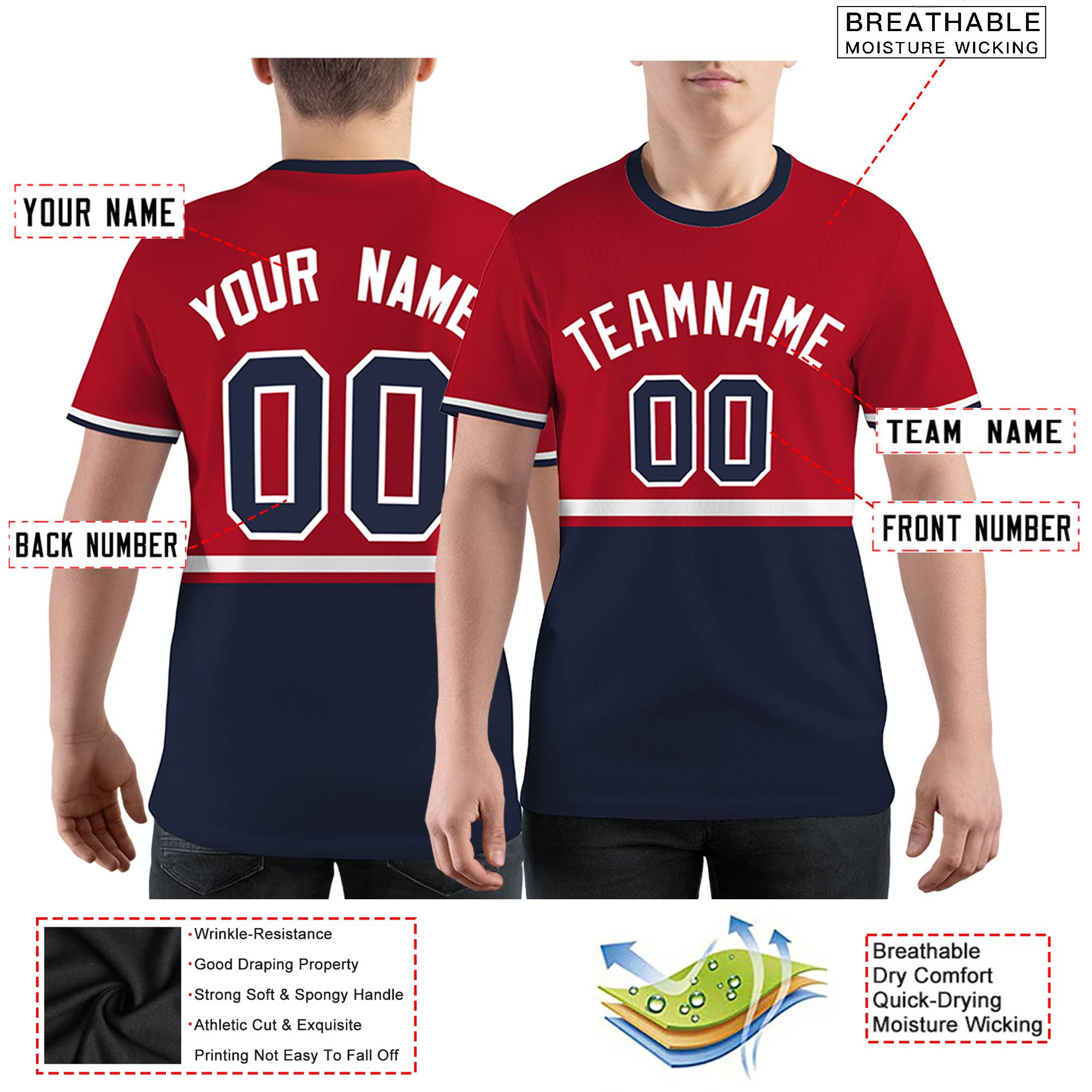 Custom Red Navy-White Color Block Design Performance T-Shirt