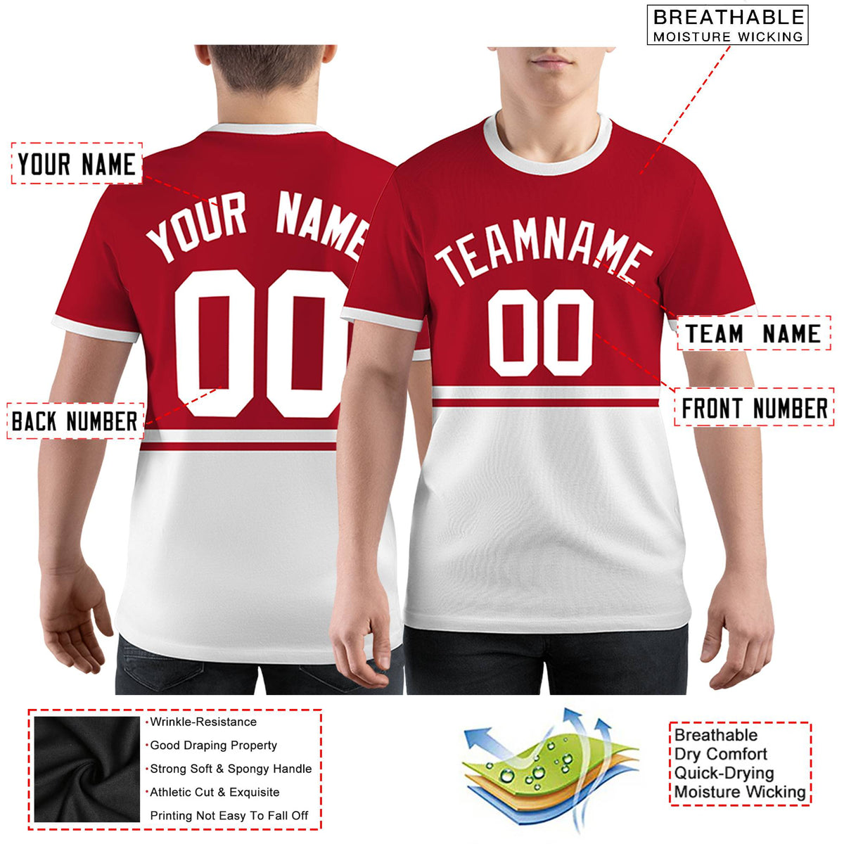 Custom Red White-White Color Block Design Performance T-Shirt